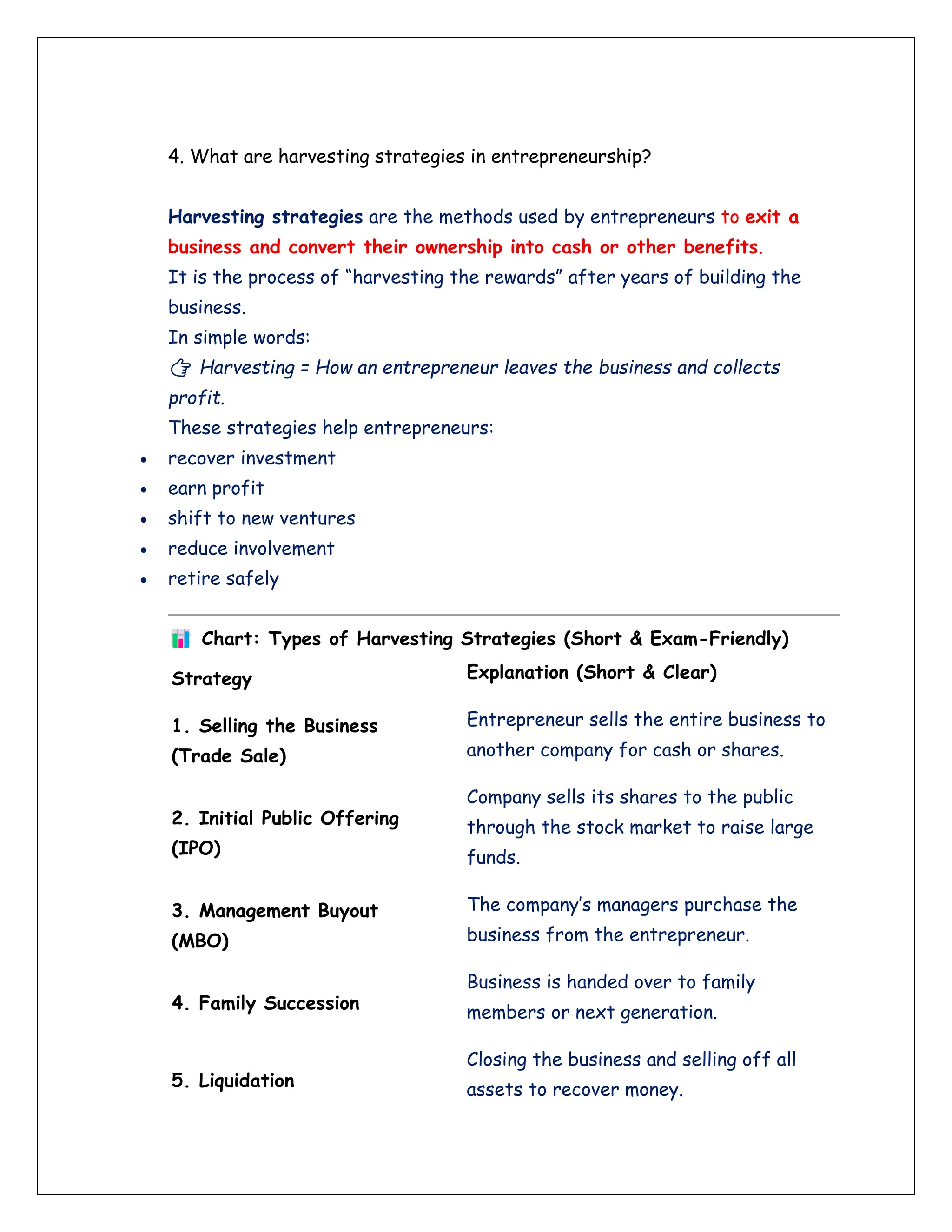 4. What are harvesting strategies in entrepreneurship?
Harvesting strategies are the methods used by entrepreneurs to exit a
business and convert their ownership into cash or other benefits.
It is the process of “harvesting the rewards” after years of building the
business.
In simple words:
👉 Harvesting = How an entrepreneur leaves the business and collects
profit.
These strategies help entrepreneurs:
• recover investment
• earn profit
• shift to new ventures
• reduce involvement
• retire safely
Chart: Types of Harvesting Strategies (Short & Exam-Friendly)
Strategy Explanation (Short & Clear)
1. Selling the Business
(Trade Sale)
Entrepreneur sells the entire business to
another company for cash or shares.
2. Initial Public Offering
(IPO)
Company sells its shares to the public
through the stock market to raise large
funds.
3. Management Buyout
(MBO)
The company’s managers purchase the
business from the entrepreneur.
4. Family Succession
Business is handed over to family
members or next generation.
5. Liquidation
Closing the business and selling off all
assets to recover money.
 