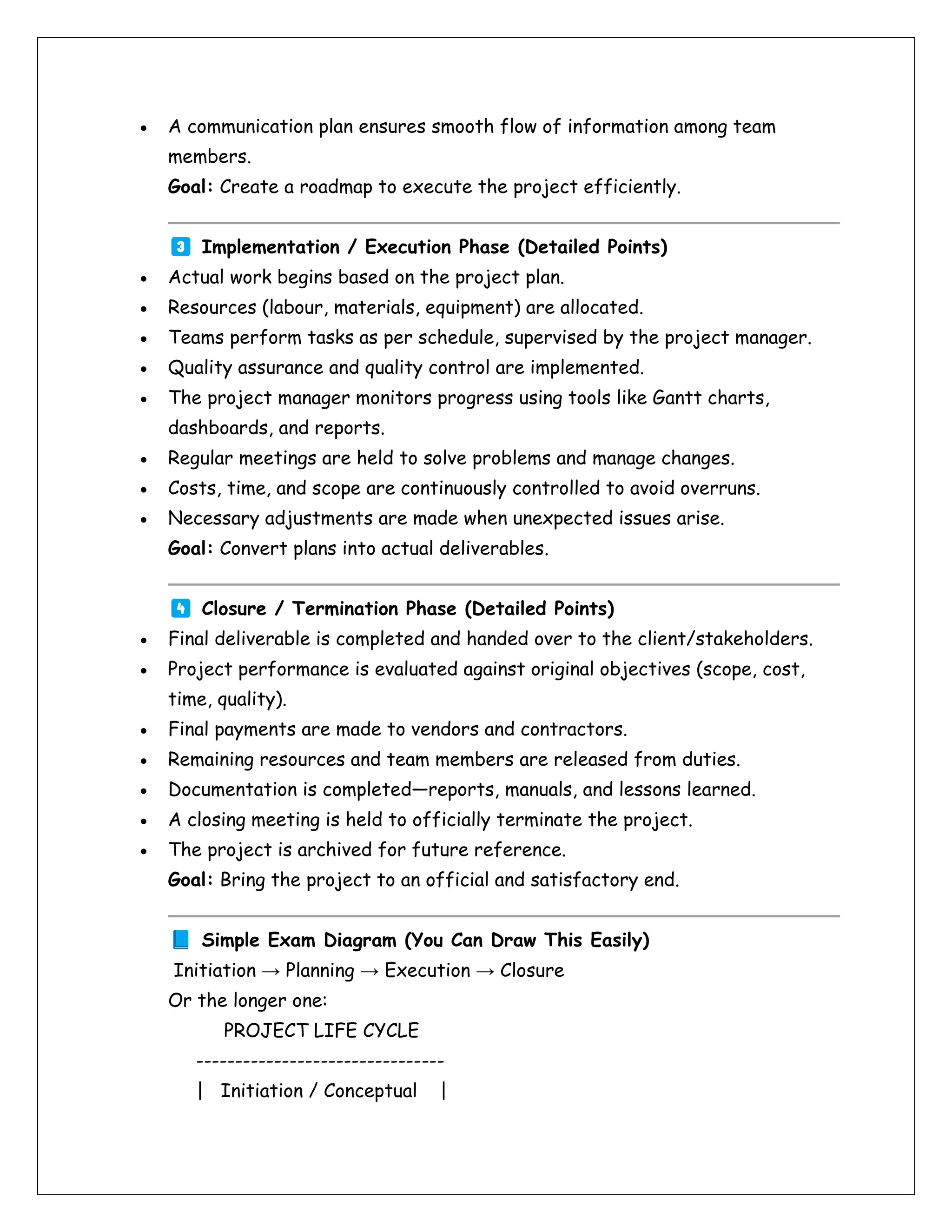 • A communication plan ensures smooth flow of information among team
members.
Goal: Create a roadmap to execute the project efficiently.
Implementation / Execution Phase (Detailed Points)
• Actual work begins based on the project plan.
• Resources (labour, materials, equipment) are allocated.
• Teams perform tasks as per schedule, supervised by the project manager.
• Quality assurance and quality control are implemented.
• The project manager monitors progress using tools like Gantt charts,
dashboards, and reports.
• Regular meetings are held to solve problems and manage changes.
• Costs, time, and scope are continuously controlled to avoid overruns.
• Necessary adjustments are made when unexpected issues arise.
Goal: Convert plans into actual deliverables.
Closure / Termination Phase (Detailed Points)
• Final deliverable is completed and handed over to the client/stakeholders.
• Project performance is evaluated against original objectives (scope, cost,
time, quality).
• Final payments are made to vendors and contractors.
• Remaining resources and team members are released from duties.
• Documentation is completed—reports, manuals, and lessons learned.
• A closing meeting is held to officially terminate the project.
• The project is archived for future reference.
Goal: Bring the project to an official and satisfactory end.
Simple Exam Diagram (You Can Draw This Easily)
Initiation → Planning → Execution → Closure
Or the longer one:
PROJECT LIFE CYCLE
--------------------------------
| Initiation / Conceptual |
 