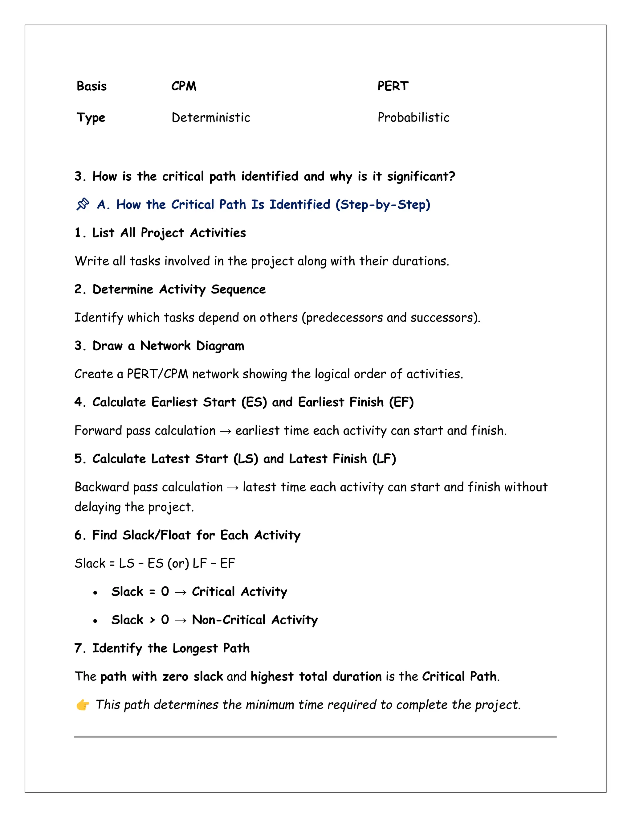 Basis CPM PERT
Type Deterministic Probabilistic
3. How is the critical path identified and why is it significant?
📌 A. How the Critical Path Is Identified (Step-by-Step)
1. List All Project Activities
Write all tasks involved in the project along with their durations.
2. Determine Activity Sequence
Identify which tasks depend on others (predecessors and successors).
3. Draw a Network Diagram
Create a PERT/CPM network showing the logical order of activities.
4. Calculate Earliest Start (ES) and Earliest Finish (EF)
Forward pass calculation → earliest time each activity can start and finish.
5. Calculate Latest Start (LS) and Latest Finish (LF)
Backward pass calculation → latest time each activity can start and finish without
delaying the project.
6. Find Slack/Float for Each Activity
Slack = LS – ES (or) LF – EF
• Slack = 0 → Critical Activity
• Slack > 0 → Non-Critical Activity
7. Identify the Longest Path
The path with zero slack and highest total duration is the Critical Path.
This path determines the minimum time required to complete the project.
 