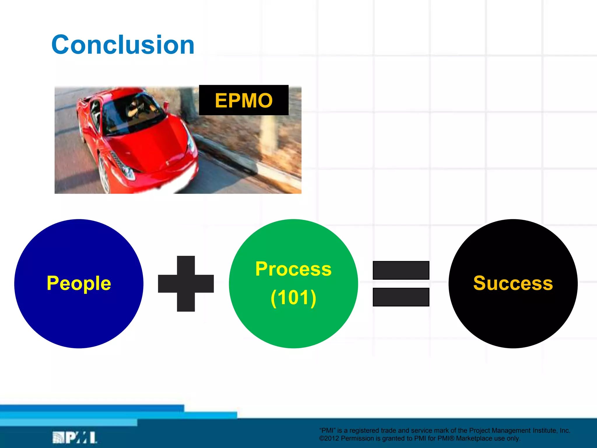 Conclusion

             EPMO




               Process
People                                                                  Success
                (101)




                    ―PMI‖ is a registered trade and service mark of the Project Management Institute, Inc.
                    ©2012 Permission is granted to PMI for PMI® Marketplace use only.
 