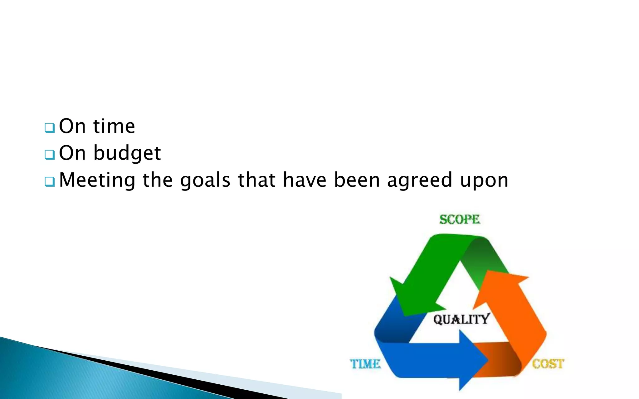  On time
 On budget
 Meeting the goals that have been agreed upon
 