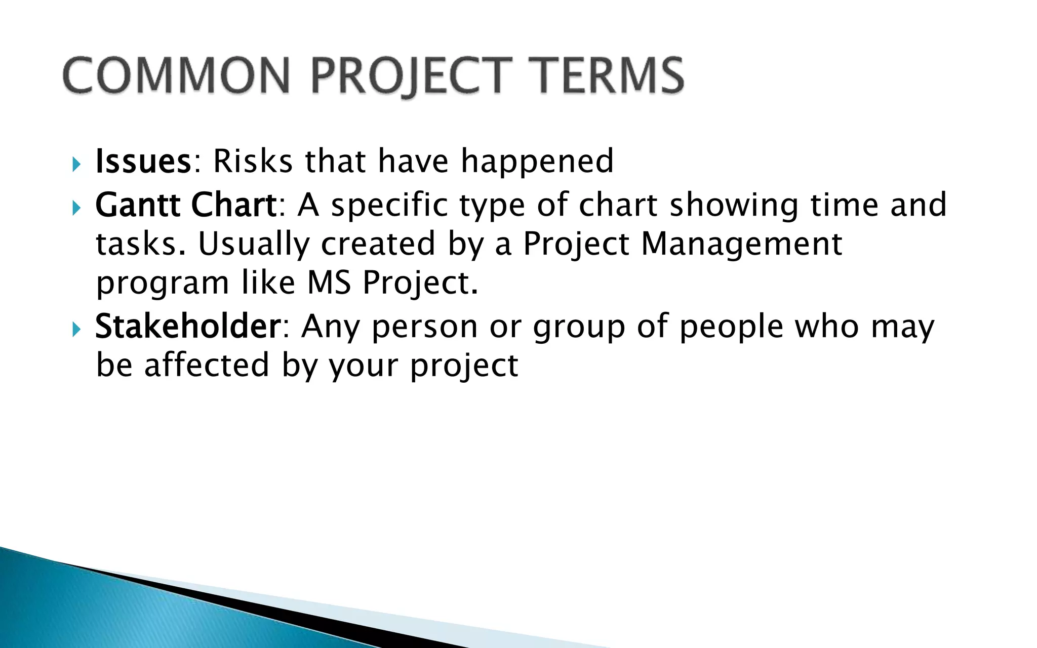  Issues: Risks that have happened
 Gantt Chart: A specific type of chart showing time and
tasks. Usually created by a Project Management
program like MS Project.
 Stakeholder: Any person or group of people who may
be affected by your project
 