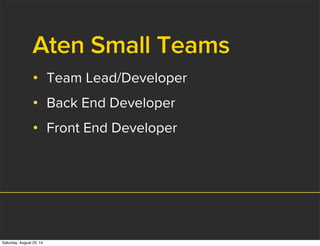 Aten Small Teams
• Team Lead/Developer
• Back End Developer
• Front End Developer
Saturday, August 23, 14
 