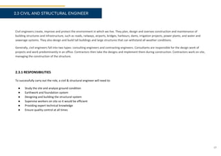 2.3 CIVIL AND STRUCTURAL ENGINEER
Civil engineers create, improve and protect the environment in which we live. They plan, design and oversee construction and maintenance of
building structures and infrastructure, such as roads, railways, airports, bridges, harbours, dams, irrigation projects, power plants, and water and
sewerage systems. They also design and build tall buildings and large structures that can withstand all weather conditions.
Generally, civil engineers fall into two types: consulting engineers and contracting engineers. Consultants are responsible for the design work of
projects and work predominantly in an office. Contractors then take the designs and implement them during construction. Contractors work on site,
managing the construction of the structure.
2.3.1 RESPONSIBILITIES
To successfully carry out the role, a civil & structural engineer will need to:
● Study the site and analyze ground condition
● Earthwork and foundation system
● Designing and building the structural system
● Supervise workers on site so it would be efficient
● Providing expert technical knowledge
● Ensure quality control at all times
17
 