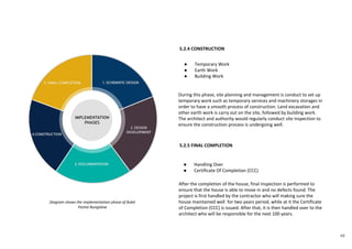 48
● Temporary Work
● Earth Work
● Building Work
● Handling Over
● Certificate Of Completion (CCC)
5.2.4 CONSTRUCTION
5.2.5 FINAL COMPLETION
During this phase, site planning and management is conduct to set up
temporary work such as temporary services and machinery storages in
order to have a smooth process of construction. Land excavation and
other earth work is carry out on the site, followed by building work.
The architect and authority would regularly conduct site inspection to
ensure the construction process is undergoing well.
After the completion of the house, final inspection is performed to
ensure that the house is able to move in and no defects found. The
project is first handled by the contractor who will making sure the
house maintained well for two years period, while at it the Certificate
of Completion (CCC) is issued. After that, it is then handled over to the
architect who will be responsible for the next 100 years.
Diagram shows the implementation phase of Bukit
Pantai Bungalow
 