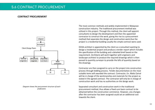 5.6 CONTRACT PROCUREMENT
55
CONTRACT PROCUREMENT
The most common methods and widely implemented in Malaysian
construction industry. The traditional procurement method was
utilized in this project. Through this method, the client will appoint
consultants to design the development and then the appointed
contractor to construct the work, giving the rise to a procurement
method that separates the design and construction work.Due the
project is a residential building usually the simple contract were used.
DCDA architect is appointed by the client as a consultant wanting to
design a residential project and produce a tender report which includes
the specification of the building and a detailed brief based on the
requirement. Architects will work together with engineers and
landscape architect to produce the required drawings which is then
passed to quantity surveyor to provide the bills of quantity based on
the drawings.
Contractor are then assigned to carry on the project into construction
process through bidding process. Tender documentation on the most
suitable items will awarded the contract. Contractor, En. Abdul Zainal
will be in charge of the workmanship and materials for the project as
stated in the agreed contract. The contractor will only be in charge of
construction work and has no authorities on the design work.
Separated consultant and construction work in the traditional
procurement method, thus allows a fixed sum basis contract to be
obtained before the construction commence. However, any changes
after the contractor has been assigned could set an additional cost
towards the client.
Diagram shows the procurement structure of each
professions
 