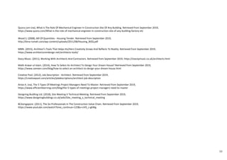 59
Quora.com (na), What Is The Role Of Mechanical Engineer In Construction Site Of Any Building. Retrieved from September 2019,
https://www.quora.com/What-is-the-role-of-mechanical-engineer-in-construction-site-of-any-building-factory-etc
Wood S. (2008), Bill Of Quantities - Housing Tender. Retrieved from September 2019,
http://bina-rumah.com/wp-content/uploads/2011/08/Housing_BOQ.pdf
MMK. (2015), Architect’s Tools That Helps His/Hers Creativity Grows And Reflects To Reality. Retrieved from September 2019,
https://www.architecturendesign.net/architects-tools/
Stacy Music. (2011), Working With Architects And Contractors. Retrieved from September 2019, https://staceymusic.co.uk/architects.html
Malik Anwar-ul-Islam. (2014), How To Select An Architect To Design Your Dream House? Retrieved from September 2019,
https://www.zameen.com/blog/how-to-select-an-architect-to-design-your-dream-house.html
Creative Pool. (2012), Job Description - Architect. Retrieved from September 2019,
https://creativepool.com/articles/jobdescriptions/architect-job-description
Antas K. (na), The 5 Types Of Meetings Project Managers Need To Master. Retrieved from September 2019,
https://www.efficientlearning.com/blog/the-5-types-of-meetings-project-managers-need-to-master
Designing Buidling Ltd. (2018), Site Meeting V Technical Meeting. Retrieved from September 2019,
https://www.designingbuildings.co.uk/wiki/Site_meeting_v_technical_meeting
BCAsingapore. (2011), The Six Professionals In The Construction Value Chain. Retrieved from September 2019,
https://www.youtube.com/watch?time_continue=122&v=chl5_z-gkWg
 