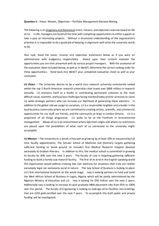 Question 1– Vision, Mission, Objectives – Portfolio Management Decision Making
The following is an imaginary and theoretical vision, mission, and objectives exercise based on life
at LU. In life, managers are faced all the time with competing opportunities to either support or
take a pass on interesting projects. Without a structured understanding of the organization’s
priorities it is impossible to do a good job of keeping in alignment with what the university needs
to be.
Your task: Read the vision, mission and objectives statements below as if you were an
administrator with budgetary responsibility. Based upon their content evaluate the
opportunities you are then presented with by various project managers. With the assistance of
the evaluation sheet included below, as well as in WebCT, determine the correct ranking order for
these opportunities. Hand back into WebCT your completed evaluation sheet as well as your
conclusion.
LU Vision – The University desires to be a world class research university consistently ranked
within the top 5 North American research universities that invest over $800 million in research
annually. LU envisions itself as a leader in contributing permanent solutions to the most
difficult social, scientific, and business challenges facing mankind today and for centuries to come.
LU seeks strategic partners who can increase our likelihood of generating these solutions. In
addition to the global role we assign to ourselves, LU is a responsible neighbor and a leader in the
local business community where we are committed to creating artistic, scientific, and commercial
opportunities for our staff, our friends, and the community at large in London Ontario. LU is a
proponent of all things progressive. LU seeks to be at the forefront in environmental
management. Above all LU is an environment where optimism reigns and where no restrictions
are placed upon the possibilities of what each of us connected to the university might
accomplish.
LU Mission – The University as a whole is focused on growing by at least 10% as measured by full
time faculty appointments. The Schuler School of Medicine and Dentistry targets gathering
sufficient funding to break ground on Canada’s first Medical Research Hospital devoted
exclusively to Orphan Illnesses. In addition to this, the medical school is committed to growing
its faculty by 20% over the next 3 years. The faculty of Law is targeting gathering sufficient
funding to build a Family Law research facility. The first of its kind in the English speaking world
this organization would address creating low cost solutions for situations that truly are neither
exclusively legal nor exclusively social in nature. The Ivey School of Business is looking to place
LU’s first international footprint on the world stage. Ivey is seeking partners to fund and build
the West African School of Business in Lagos, Nigeria which will be jointly administered by the
Nigerian Ministry of Education and LU. Ivey is looking for $50 million over the next 3 years.
Additionally Ivey is looking to increase its post graduate MBA placement rate from 95% to 100%
over this period. The faculty of Engineering is looking to redesign all its facilities into buildings
that are LEED gold certified over the next 7 years. To accomplish this both public and private
funding will be investigated.
 