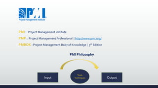 PMI : Project Management institute
PMP : Project Management Professional | http://www.pmi.org/
PMBOK : Project Management Body of Knowledge | 5th Edition
PMI Philosophy
OutputInput
Tools
Techniques
 