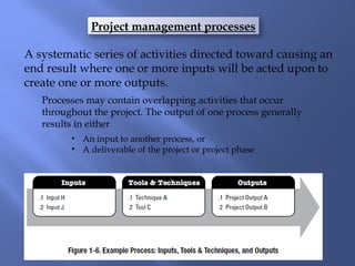 Project management processes
A systematic series of activities directed toward causing an
end result where one or more inputs will be acted upon to
create one or more outputs.
Processes may contain overlapping activities that occur
throughout the project. The output of one process generally
results in either
• An input to another process, or
• A deliverable of the project or project phase
 