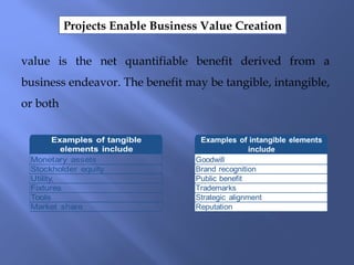 Projects Enable Business Value Creation
value is the net quantifiable benefit derived from a
business endeavor. The benefit may be tangible, intangible,
or both
 