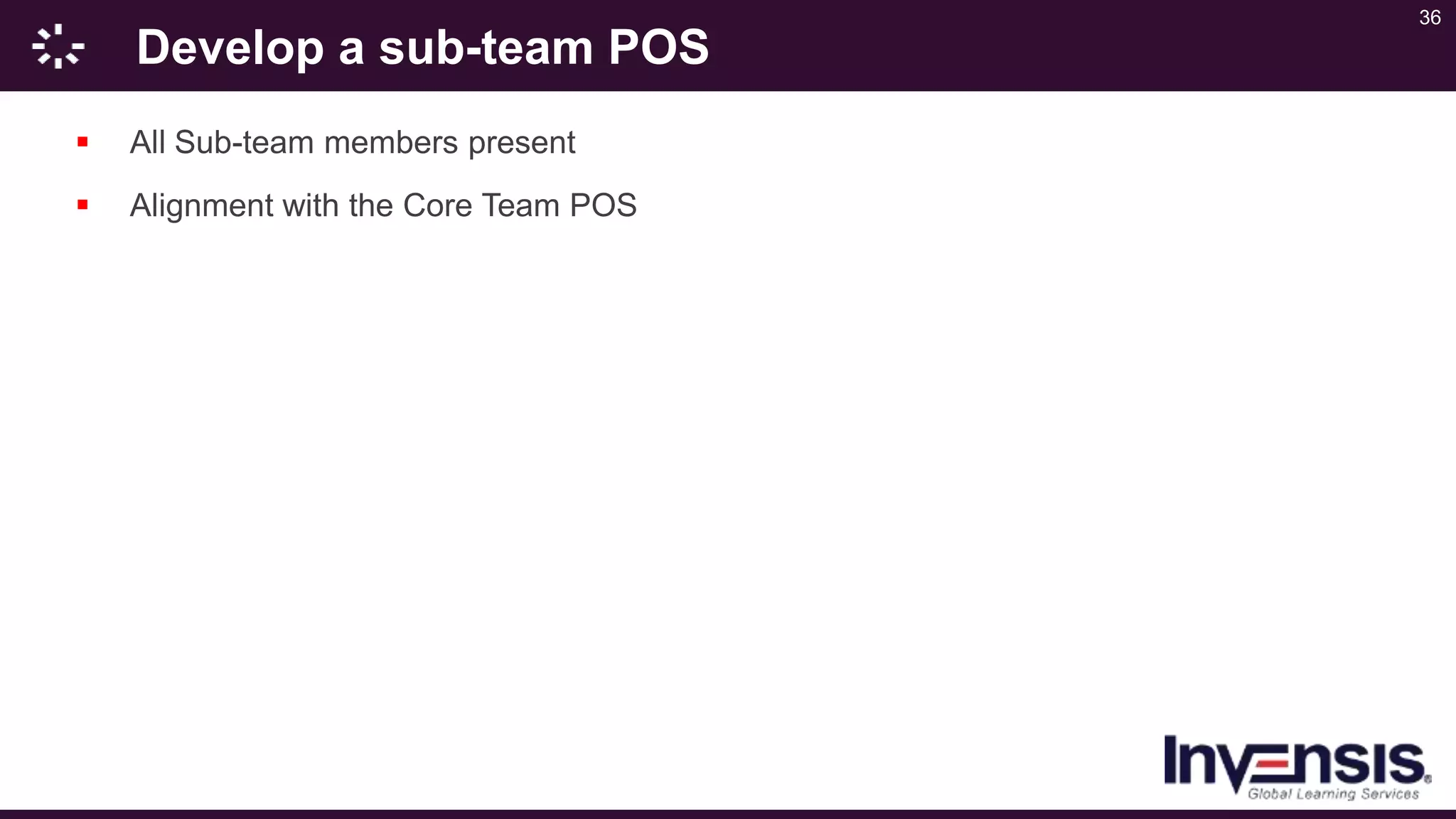 36
Develop a sub-team POS
 All Sub-team members present
 Alignment with the Core Team POS
 