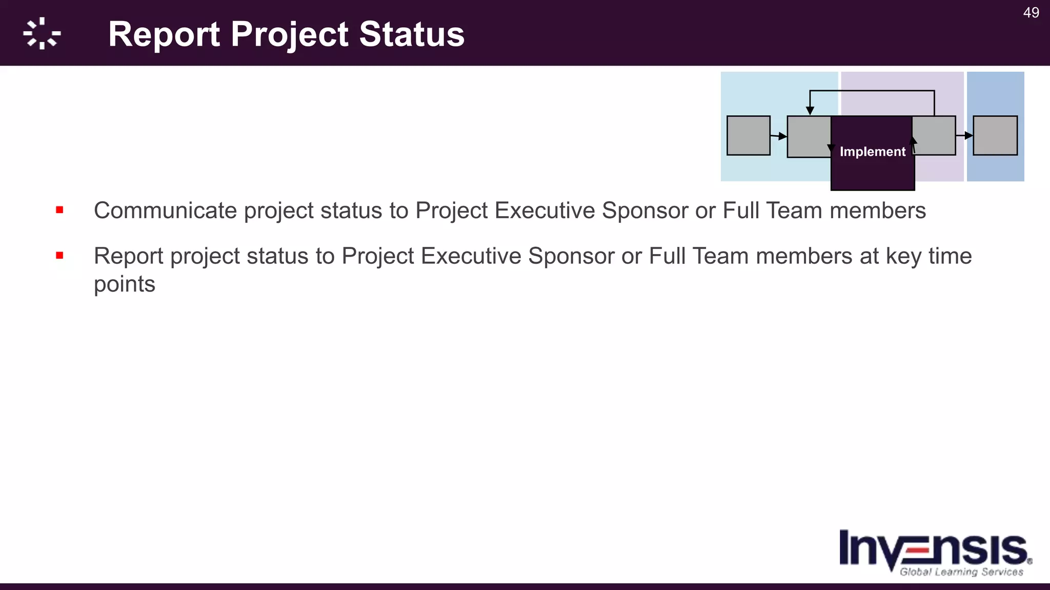 49
Report Project Status
 Communicate project status to Project Executive Sponsor or Full Team members
 Report project status to Project Executive Sponsor or Full Team members at key time
points
Implement
 