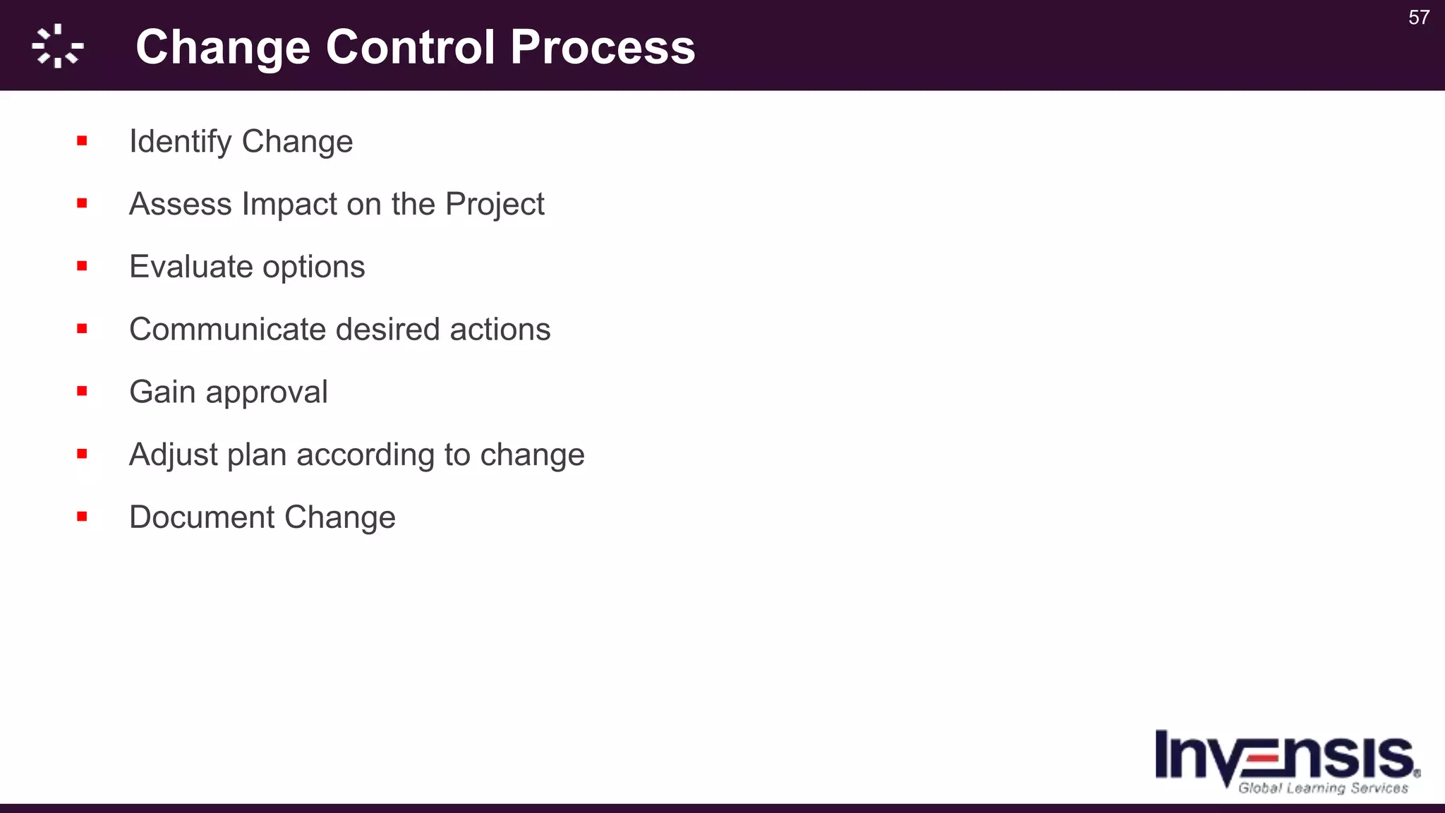 57
Change Control Process
 Identify Change
 Assess Impact on the Project
 Evaluate options
 Communicate desired actions
 Gain approval
 Adjust plan according to change
 Document Change
 