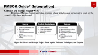 11
PMBOK Guide® (Integration)
4.3 Direct and Manage Project Work
Direct and Manage Project Work is a process where activities are performed to work on the
project’s objectives as planned.
 
