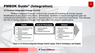 20
PMBOK Guide® (Integration)
4.5 Perform Integrated Change Control
Perform Integrated Change Control is the process of reviewing all change request.
Modifications to the project documents, deliverables, baseline or project management plan are
reviewed and will be either approved or rejected based on the needs and importance. This reduces
the risk of having unwanted changes that might affect the project’s performance.
 