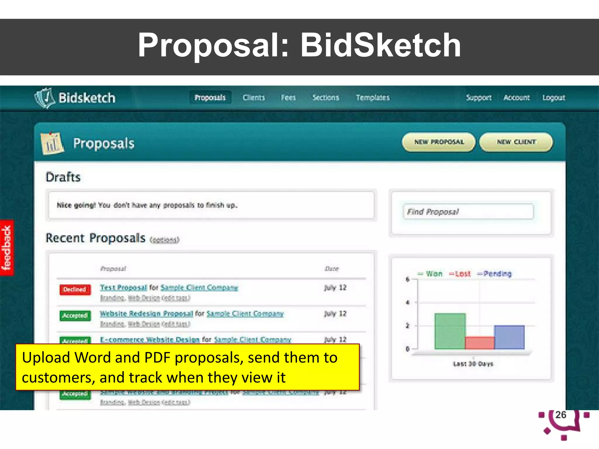 Proposal: BidSketch

Upload Word and PDF proposals, send them to
customers, and track when they view it
26

 