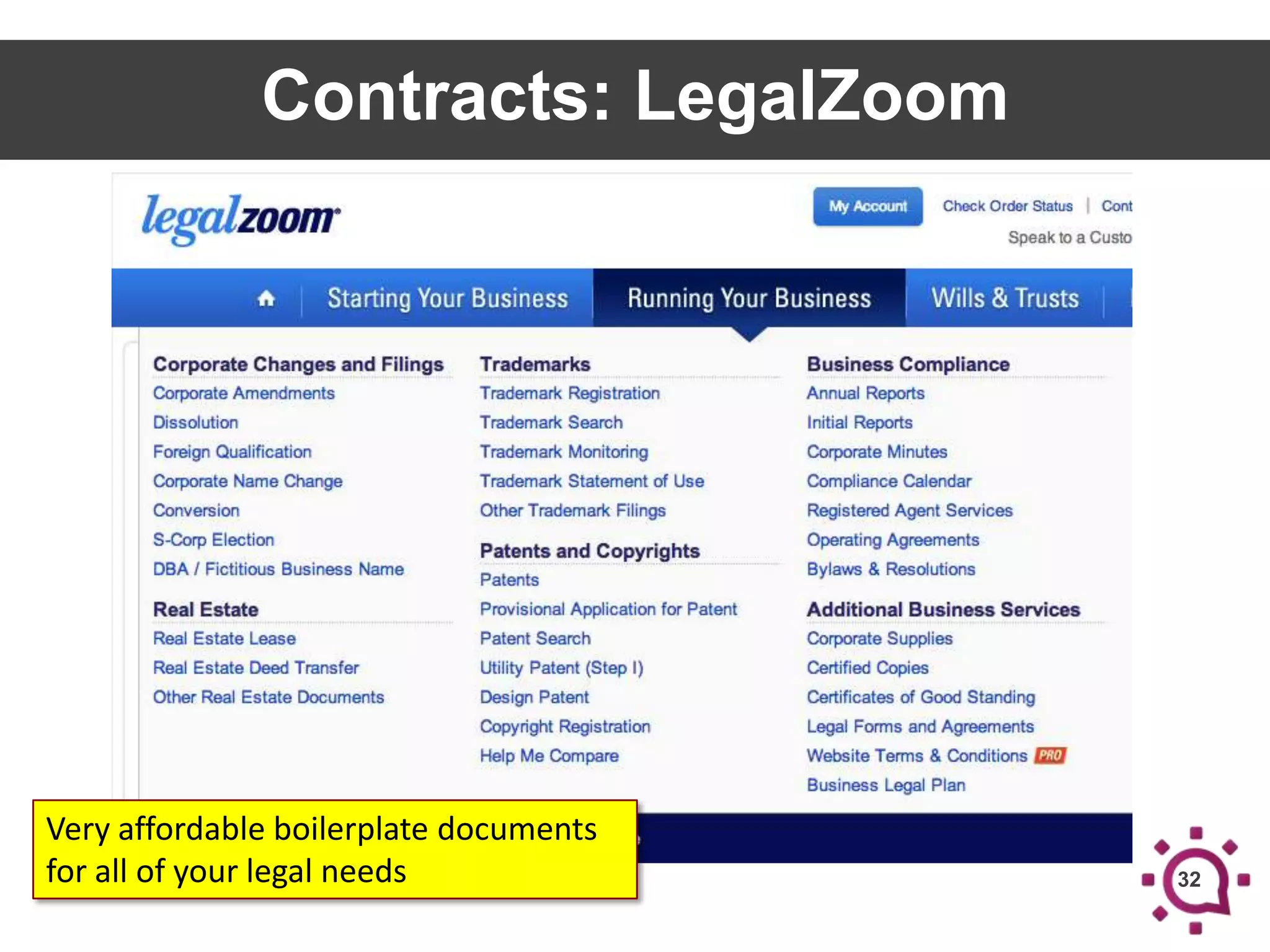 Contracts: LegalZoom

Very affordable boilerplate documents
for all of your legal needs

32

 