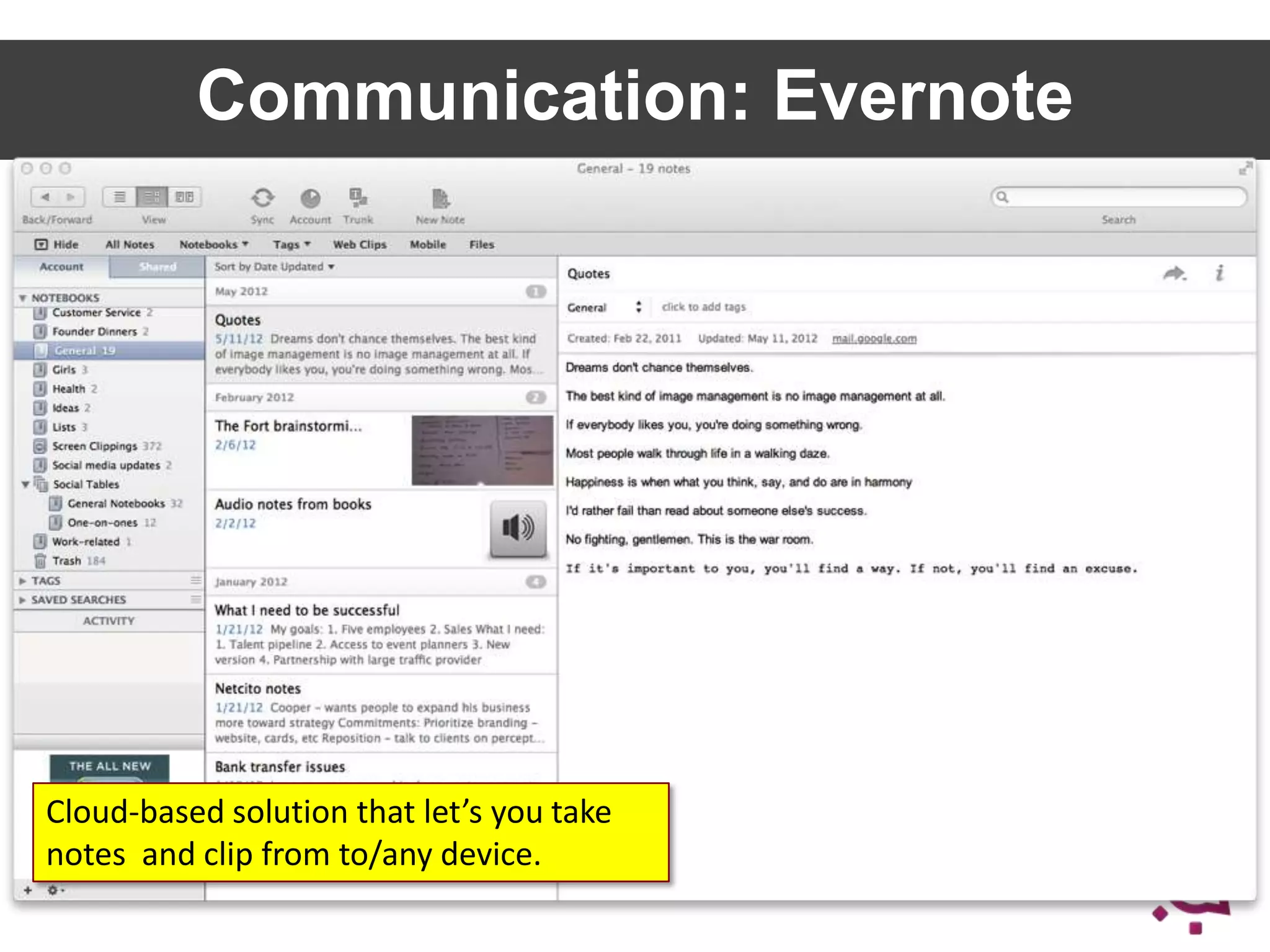 Communication: Evernote

Cloud-based solution that let’s you take
notes and clip from to/any device.

35

 