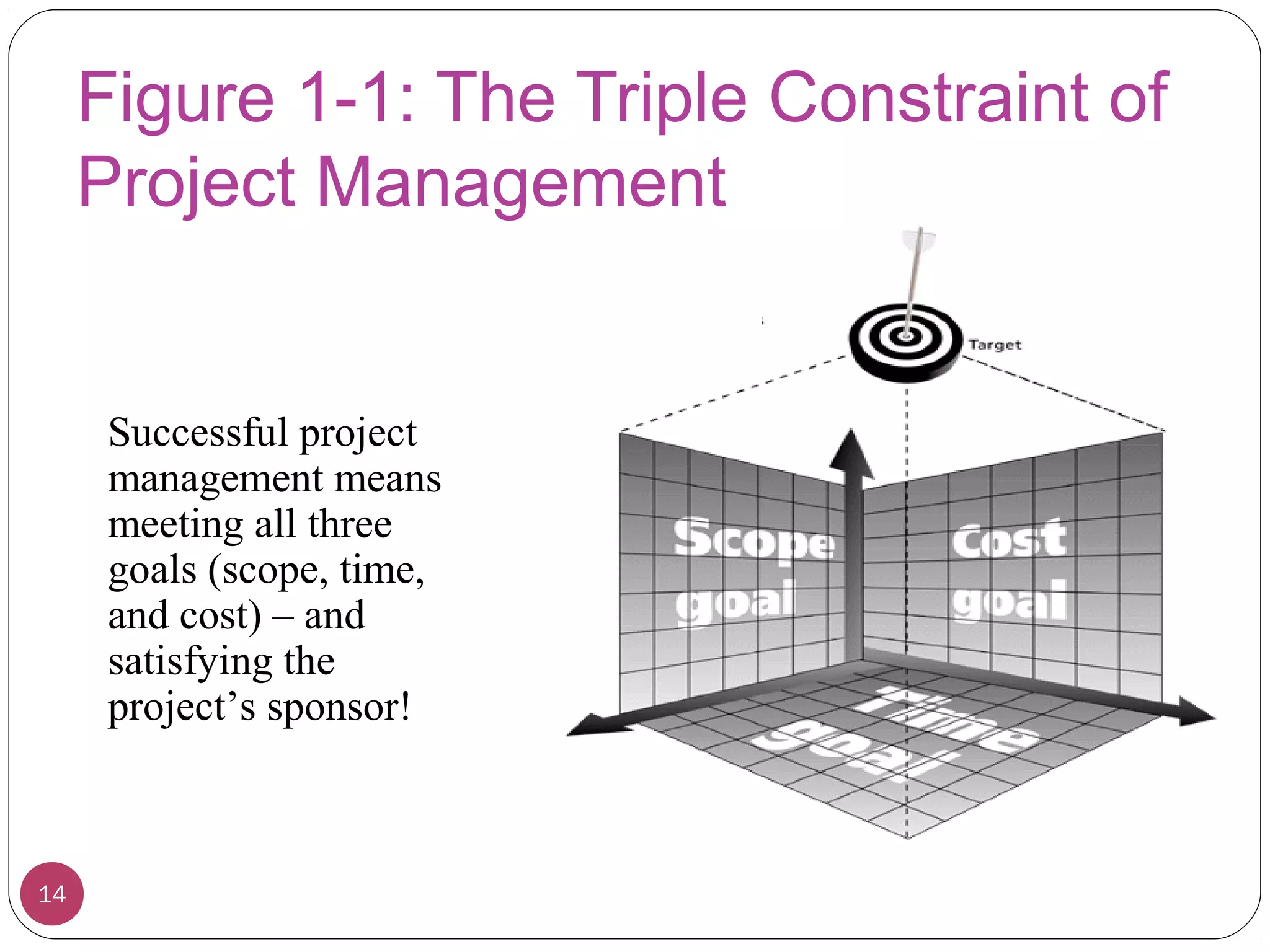 Figure 1-1: The Triple Constraint of
Project Management
Successful project
management means
meeting all three
goals (scope, time,
and cost) – and
satisfying the
project’s sponsor!
14
 