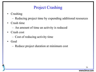 36
Project Crashing
• Crashing
– Reducing project time by expending additional resources
• Crash time
– An amount of time an activity is reduced
• Crash cost
– Cost of reducing activity time
• Goal
– Reduce project duration at minimum cost
 
