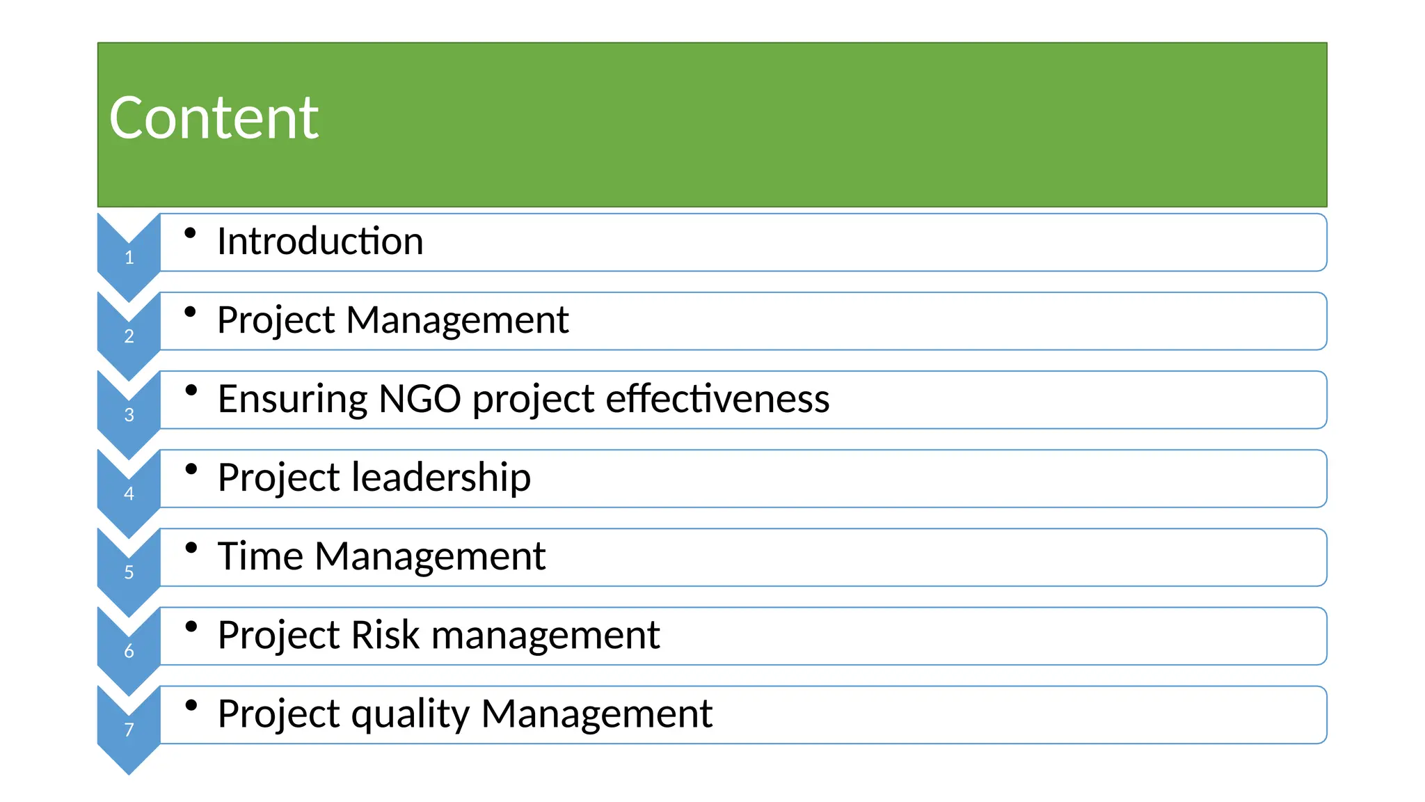 Content
1
• Introduction
2
• Project Management
3
• Ensuring NGO project effectiveness
4
• Project leadership
5
• Time Management
6
• Project Risk management
7
• Project quality Management
 