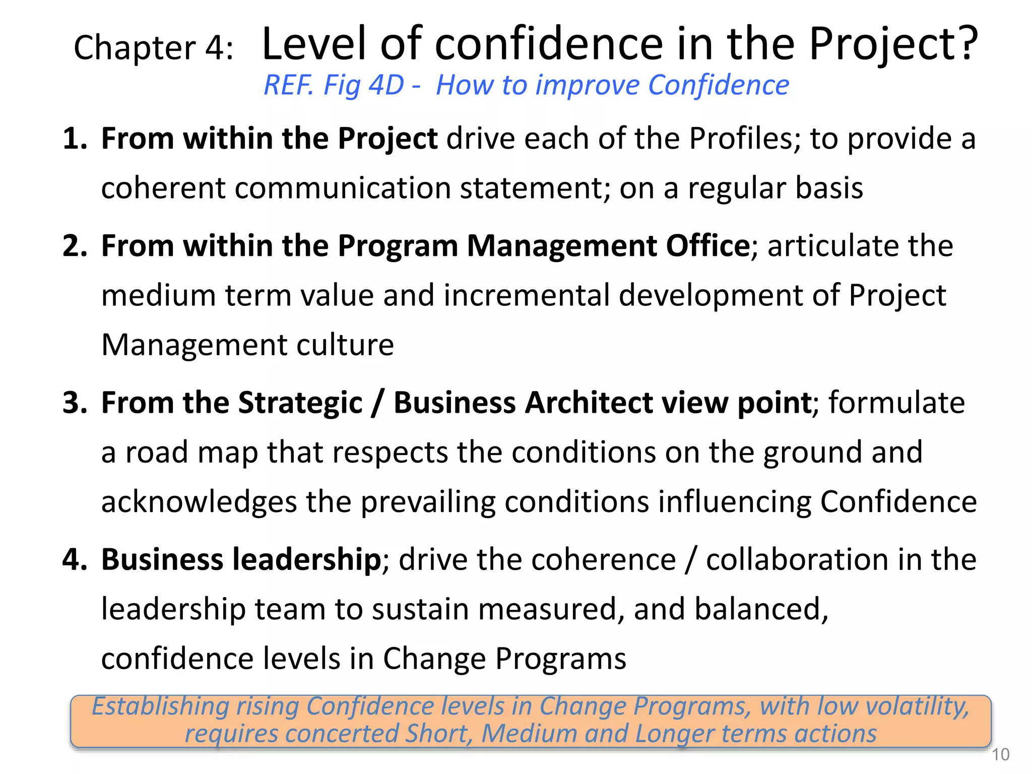 Chapter 4: Level of confidence in the Project?
REF. Fig 4D - How to improve Confidence
1. From within the Project drive each of the Profiles; to provide a
coherent communication statement; on a regular basis
2. From within the Program Management Office; articulate the
medium term value and incremental development of Project
Management culture
3. From the Strategic / Business Architect view point; formulate
a road map that respects the conditions on the ground and
acknowledges the prevailing conditions influencing Confidence
4. Business leadership; drive the coherence / collaboration in the
leadership team to sustain measured, and balanced,
confidence levels in Change Programs
10
Establishing rising Confidence levels in Change Programs, with low volatility,
requires concerted Short, Medium and Longer terms actions
 