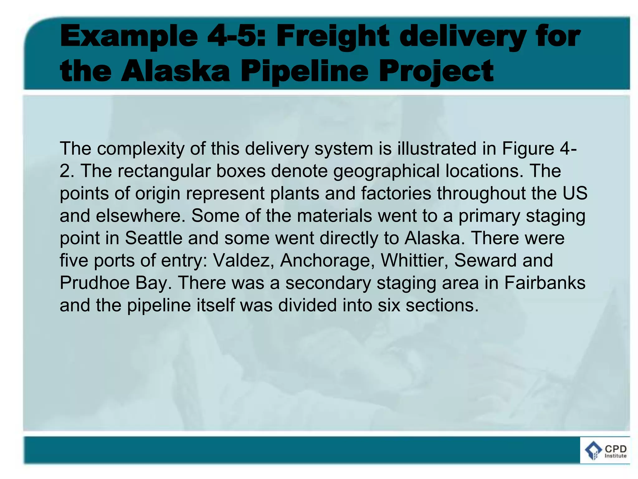 Example 4-5: Freight delivery for
the Alaska Pipeline Project
The complexity of this delivery system is illustrated in Figure 4-
2. The rectangular boxes denote geographical locations. The
points of origin represent plants and factories throughout the US
and elsewhere. Some of the materials went to a primary staging
point in Seattle and some went directly to Alaska. There were
five ports of entry: Valdez, Anchorage, Whittier, Seward and
Prudhoe Bay. There was a secondary staging area in Fairbanks
and the pipeline itself was divided into six sections.
 