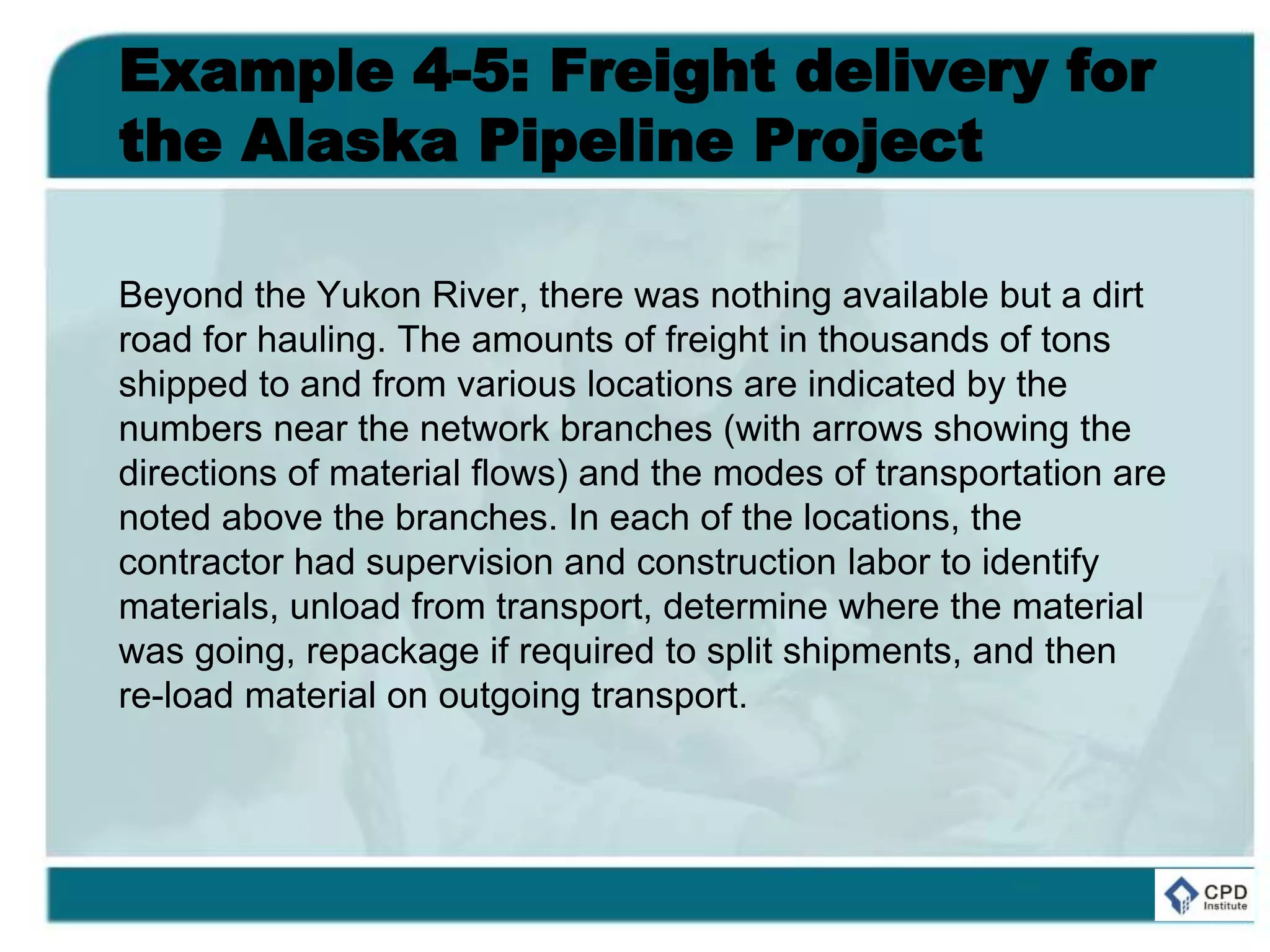 Example 4-5: Freight delivery for
the Alaska Pipeline Project
Beyond the Yukon River, there was nothing available but a dirt
road for hauling. The amounts of freight in thousands of tons
shipped to and from various locations are indicated by the
numbers near the network branches (with arrows showing the
directions of material flows) and the modes of transportation are
noted above the branches. In each of the locations, the
contractor had supervision and construction labor to identify
materials, unload from transport, determine where the material
was going, repackage if required to split shipments, and then
re-load material on outgoing transport.
 