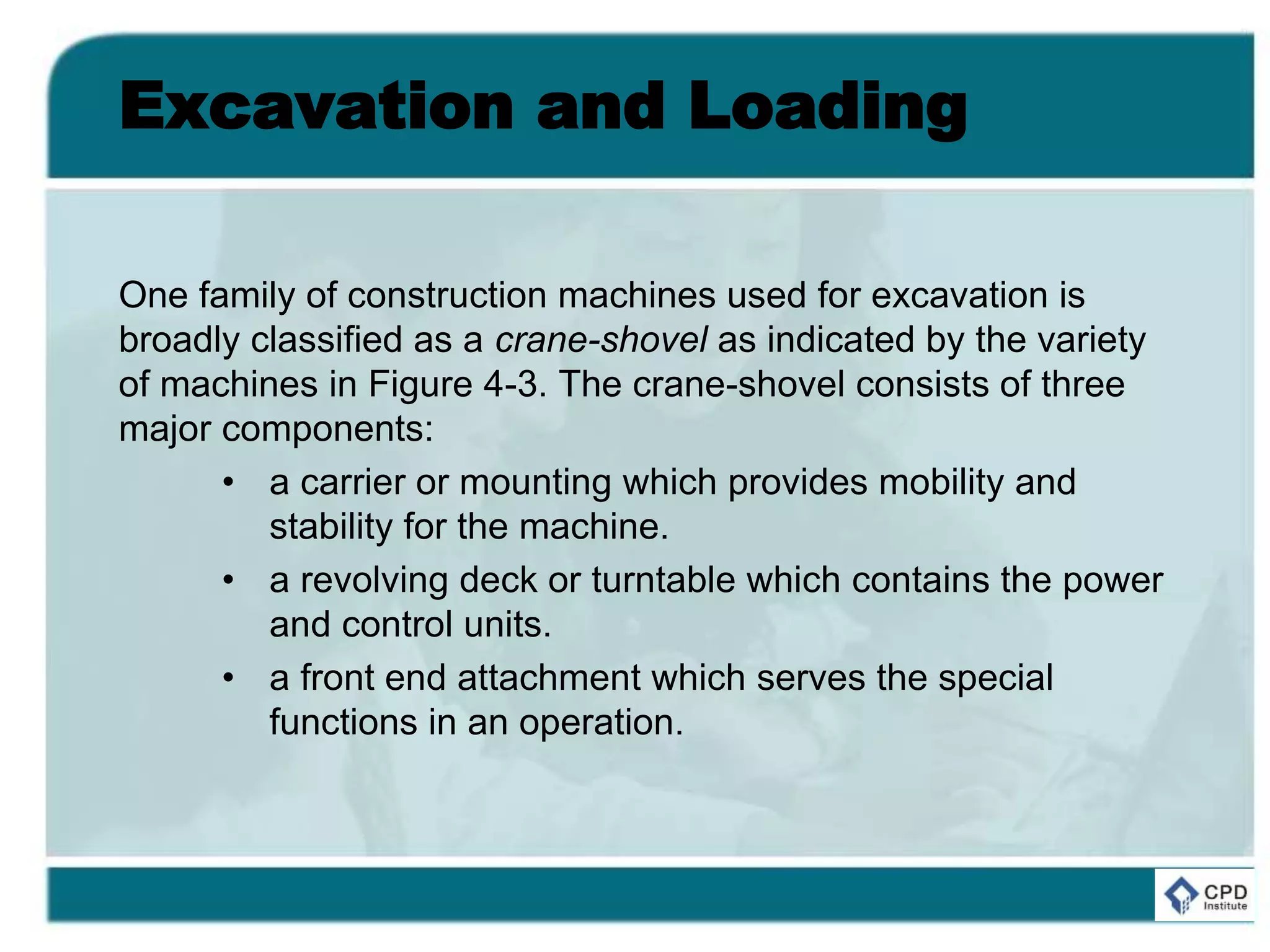 Excavation and Loading
One family of construction machines used for excavation is
broadly classified as a crane-shovel as indicated by the variety
of machines in Figure 4-3. The crane-shovel consists of three
major components:
• a carrier or mounting which provides mobility and
stability for the machine.
• a revolving deck or turntable which contains the power
and control units.
• a front end attachment which serves the special
functions in an operation.
 