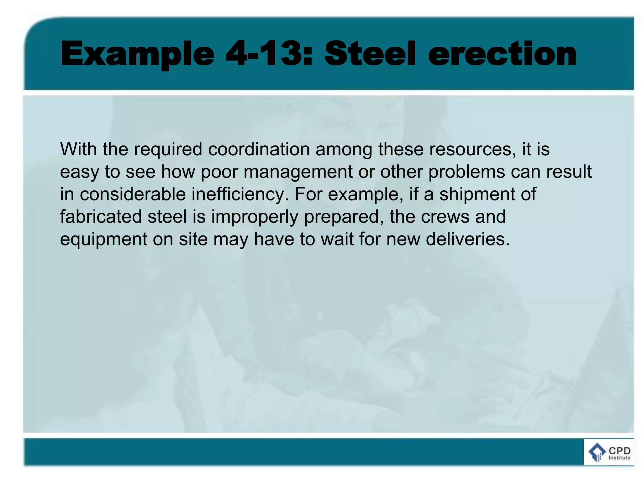 Example 4-13: Steel erection
With the required coordination among these resources, it is
easy to see how poor management or other problems can result
in considerable inefficiency. For example, if a shipment of
fabricated steel is improperly prepared, the crews and
equipment on site may have to wait for new deliveries.
 