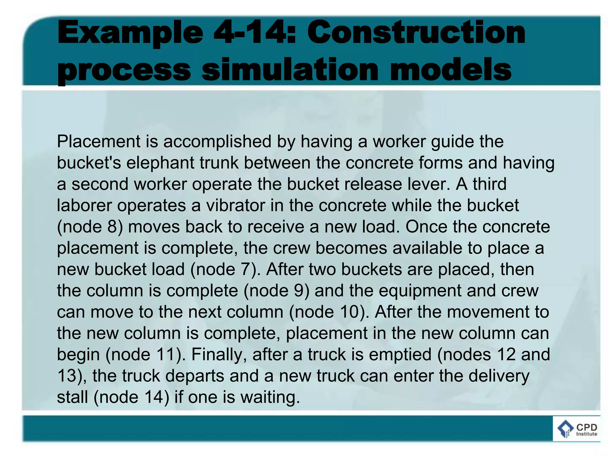Example 4-14: Construction
process simulation models
Placement is accomplished by having a worker guide the
bucket's elephant trunk between the concrete forms and having
a second worker operate the bucket release lever. A third
laborer operates a vibrator in the concrete while the bucket
(node 8) moves back to receive a new load. Once the concrete
placement is complete, the crew becomes available to place a
new bucket load (node 7). After two buckets are placed, then
the column is complete (node 9) and the equipment and crew
can move to the next column (node 10). After the movement to
the new column is complete, placement in the new column can
begin (node 11). Finally, after a truck is emptied (nodes 12 and
13), the truck departs and a new truck can enter the delivery
stall (node 14) if one is waiting.
 