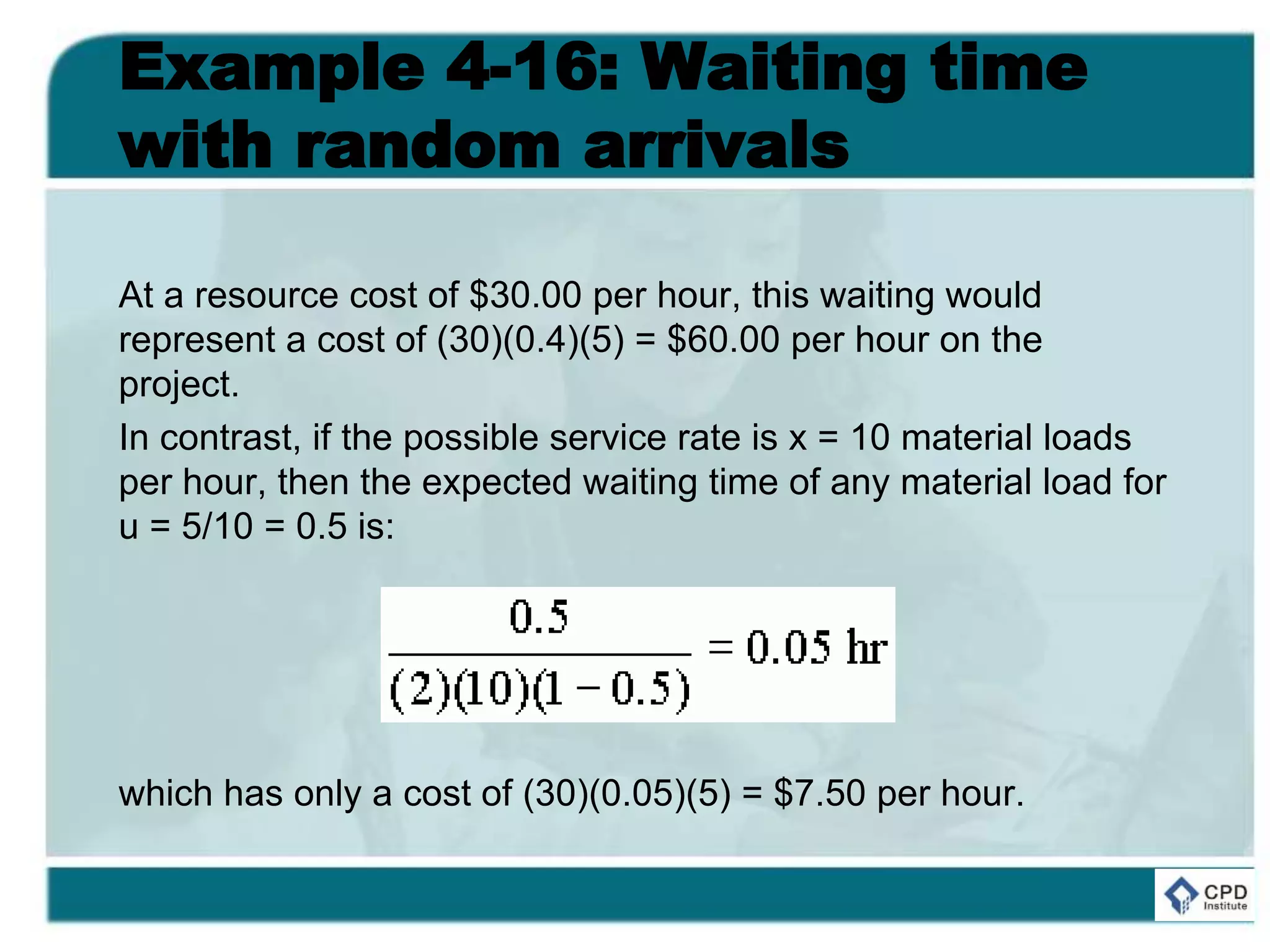 Example 4-16: Waiting time
with random arrivals
At a resource cost of $30.00 per hour, this waiting would
represent a cost of (30)(0.4)(5) = $60.00 per hour on the
project.
In contrast, if the possible service rate is x = 10 material loads
per hour, then the expected waiting time of any material load for
u = 5/10 = 0.5 is:
which has only a cost of (30)(0.05)(5) = $7.50 per hour.
 