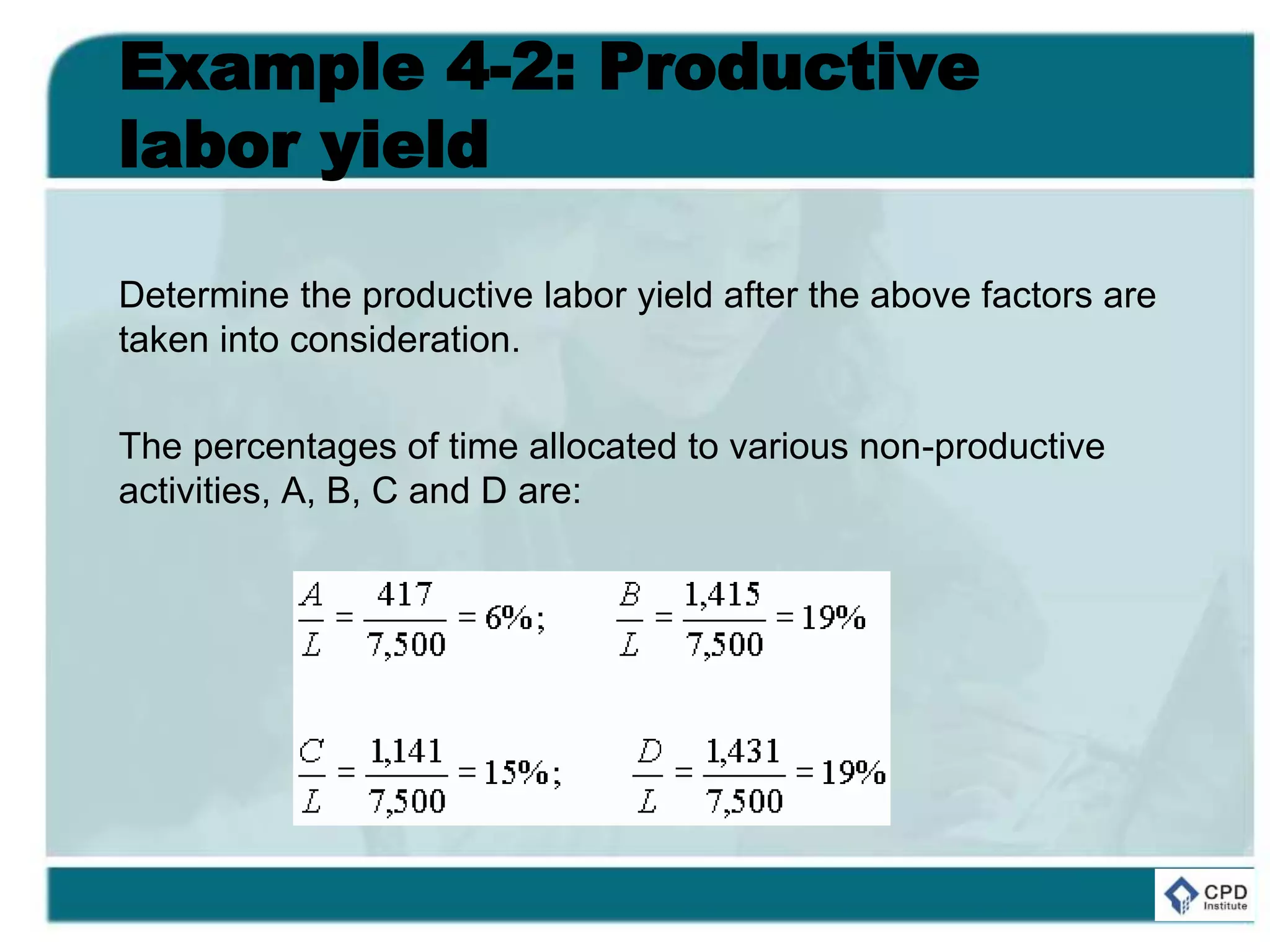 Example 4-2: Productive
labor yield
Determine the productive labor yield after the above factors are
taken into consideration.
The percentages of time allocated to various non-productive
activities, A, B, C and D are:
 