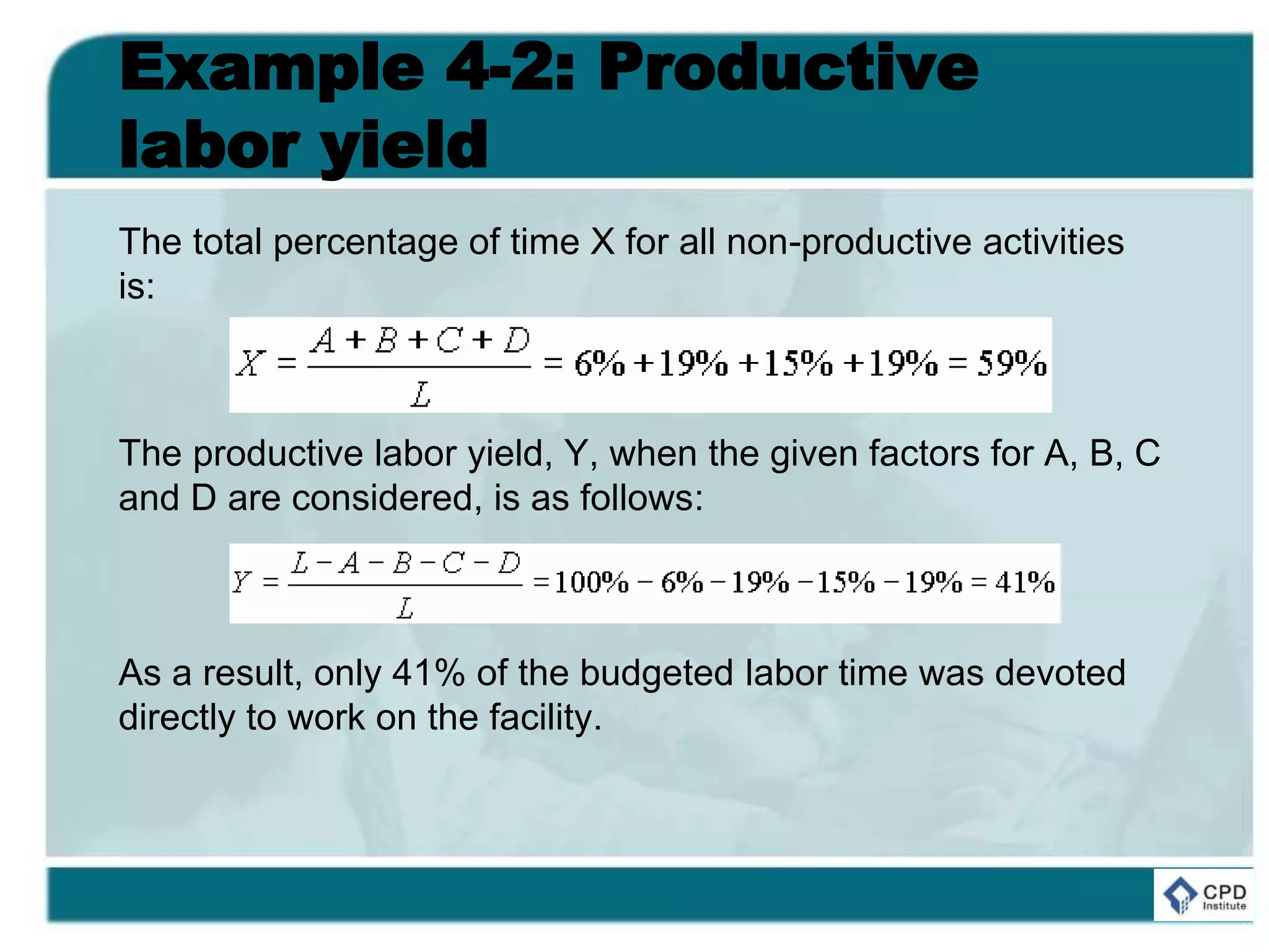 Example 4-2: Productive
labor yield
The total percentage of time X for all non-productive activities
is:
The productive labor yield, Y, when the given factors for A, B, C
and D are considered, is as follows:
As a result, only 41% of the budgeted labor time was devoted
directly to work on the facility.
 