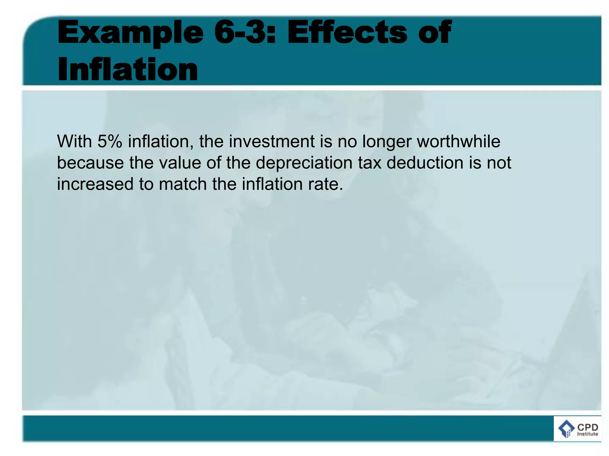 Example 6-3: Effects of
Inflation
With 5% inflation, the investment is no longer worthwhile
because the value of the depreciation tax deduction is not
increased to match the inflation rate.
 