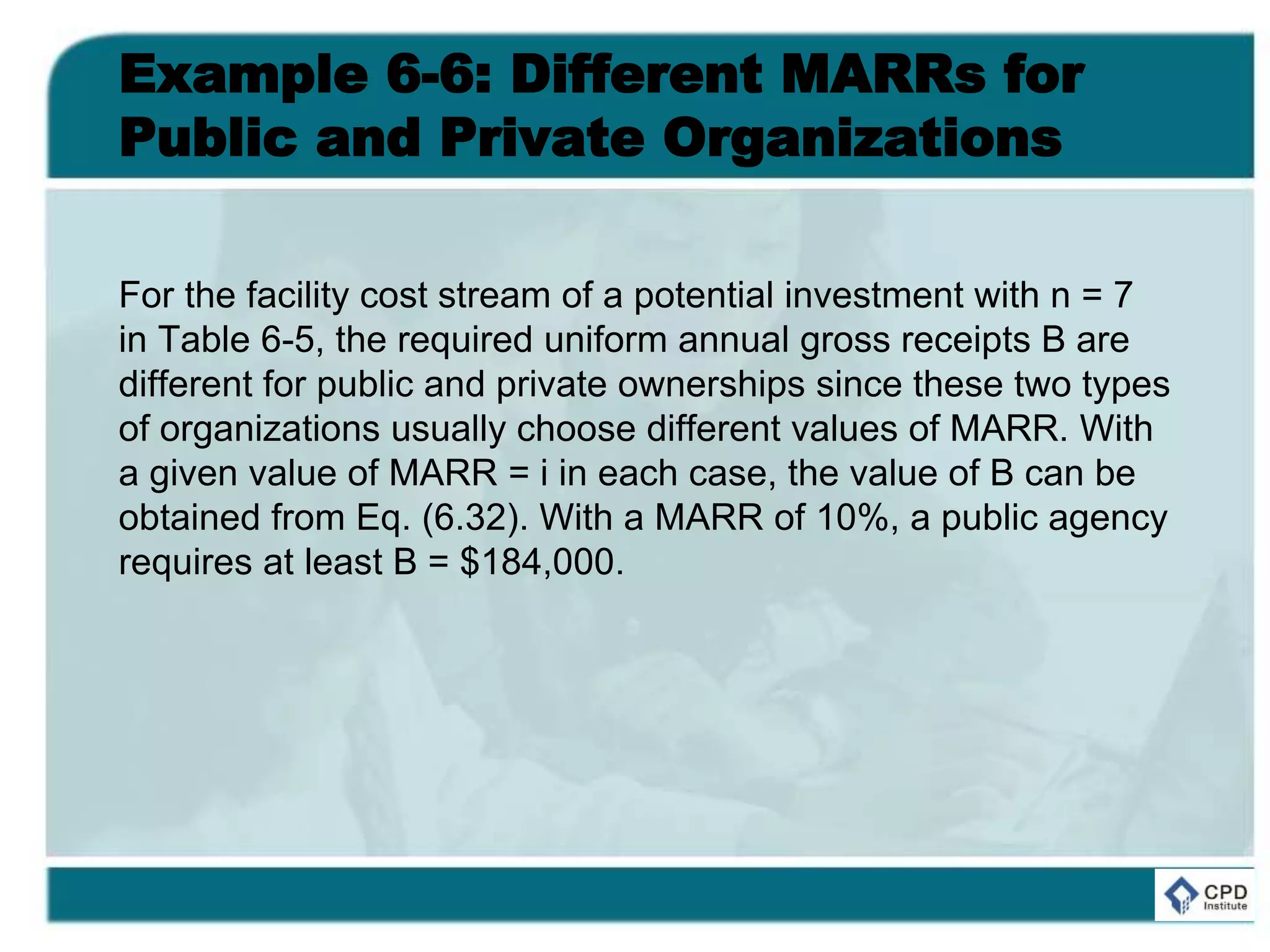 Example 6-6: Different MARRs for
Public and Private Organizations
For the facility cost stream of a potential investment with n = 7
in Table 6-5, the required uniform annual gross receipts B are
different for public and private ownerships since these two types
of organizations usually choose different values of MARR. With
a given value of MARR = i in each case, the value of B can be
obtained from Eq. (6.32). With a MARR of 10%, a public agency
requires at least B = $184,000.
 