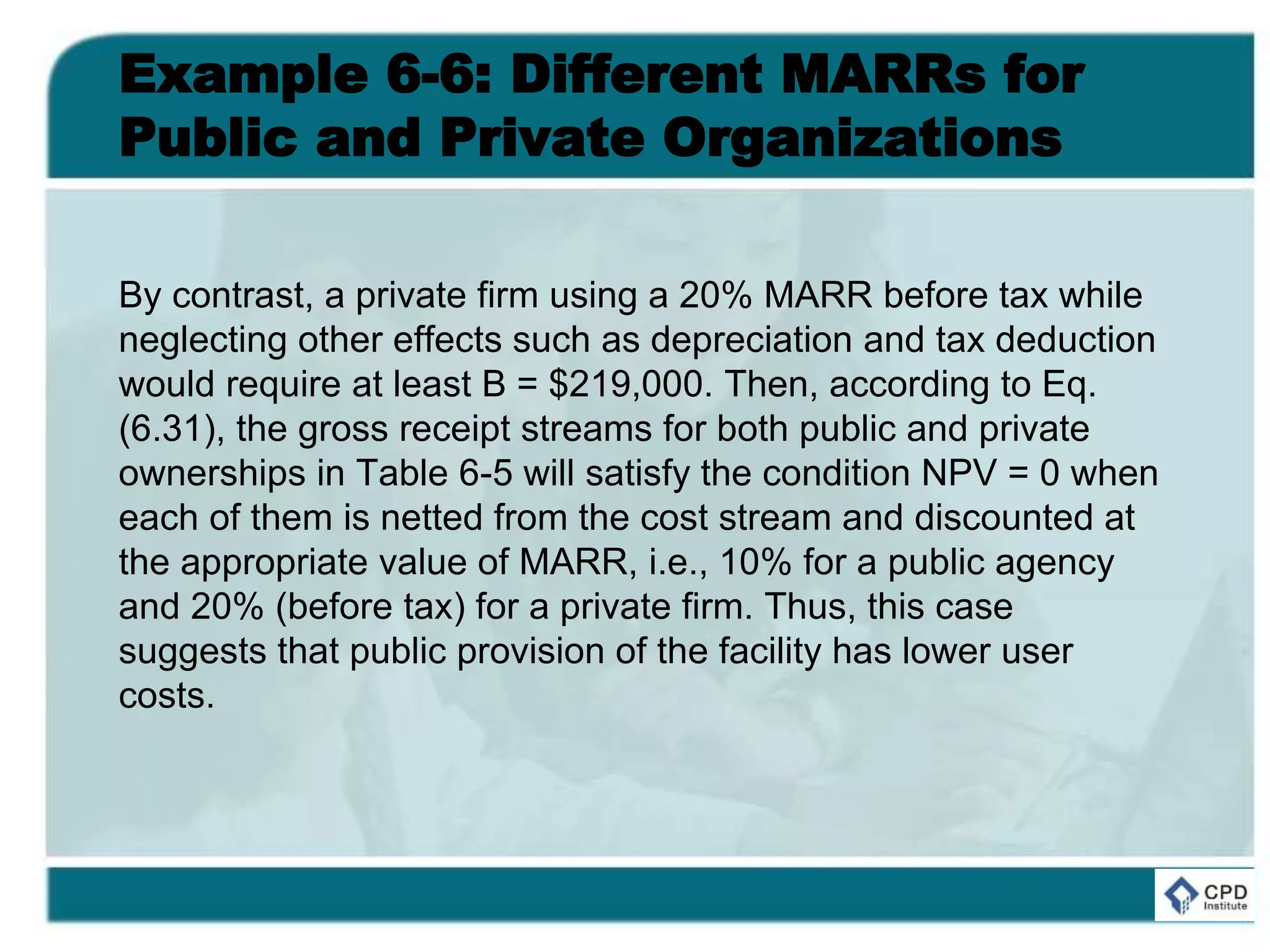 Example 6-6: Different MARRs for
Public and Private Organizations
By contrast, a private firm using a 20% MARR before tax while
neglecting other effects such as depreciation and tax deduction
would require at least B = $219,000. Then, according to Eq.
(6.31), the gross receipt streams for both public and private
ownerships in Table 6-5 will satisfy the condition NPV = 0 when
each of them is netted from the cost stream and discounted at
the appropriate value of MARR, i.e., 10% for a public agency
and 20% (before tax) for a private firm. Thus, this case
suggests that public provision of the facility has lower user
costs.
 