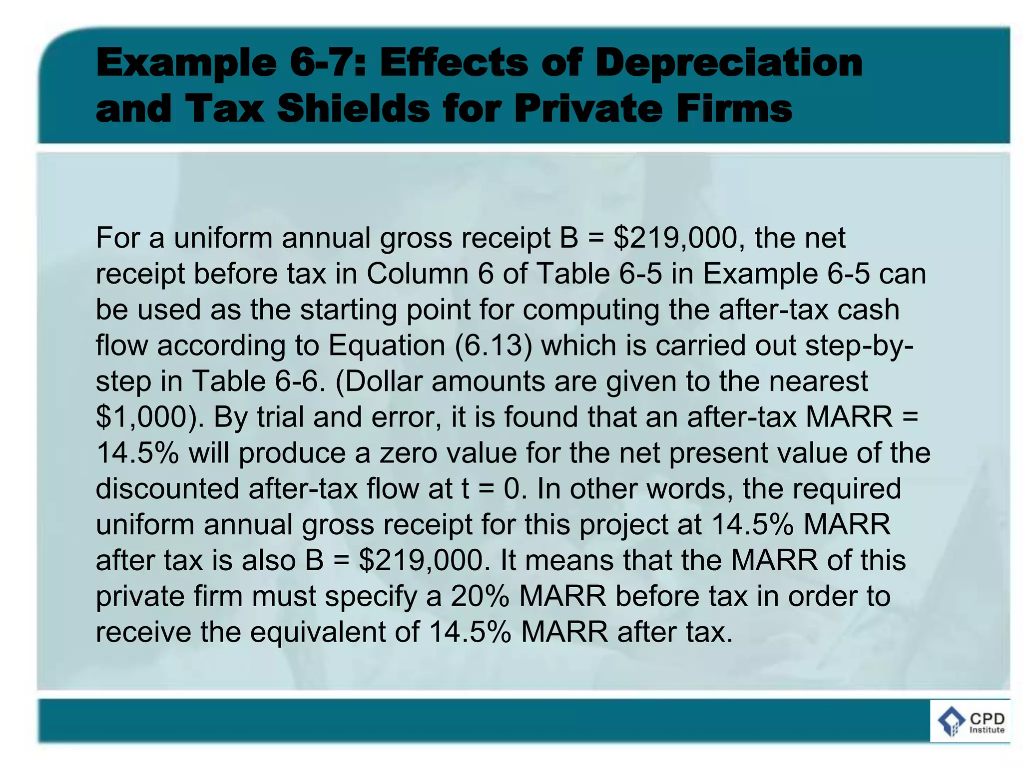 Example 6-7: Effects of Depreciation
and Tax Shields for Private Firms
For a uniform annual gross receipt B = $219,000, the net
receipt before tax in Column 6 of Table 6-5 in Example 6-5 can
be used as the starting point for computing the after-tax cash
flow according to Equation (6.13) which is carried out step-by-
step in Table 6-6. (Dollar amounts are given to the nearest
$1,000). By trial and error, it is found that an after-tax MARR =
14.5% will produce a zero value for the net present value of the
discounted after-tax flow at t = 0. In other words, the required
uniform annual gross receipt for this project at 14.5% MARR
after tax is also B = $219,000. It means that the MARR of this
private firm must specify a 20% MARR before tax in order to
receive the equivalent of 14.5% MARR after tax.
 