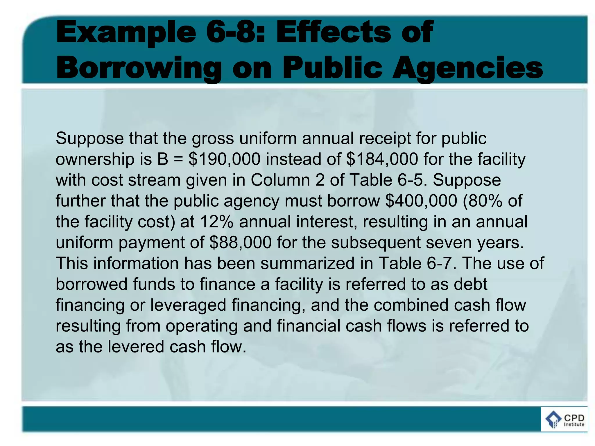 Example 6-8: Effects of
Borrowing on Public Agencies
Suppose that the gross uniform annual receipt for public
ownership is B = $190,000 instead of $184,000 for the facility
with cost stream given in Column 2 of Table 6-5. Suppose
further that the public agency must borrow $400,000 (80% of
the facility cost) at 12% annual interest, resulting in an annual
uniform payment of $88,000 for the subsequent seven years.
This information has been summarized in Table 6-7. The use of
borrowed funds to finance a facility is referred to as debt
financing or leveraged financing, and the combined cash flow
resulting from operating and financial cash flows is referred to
as the levered cash flow.
 