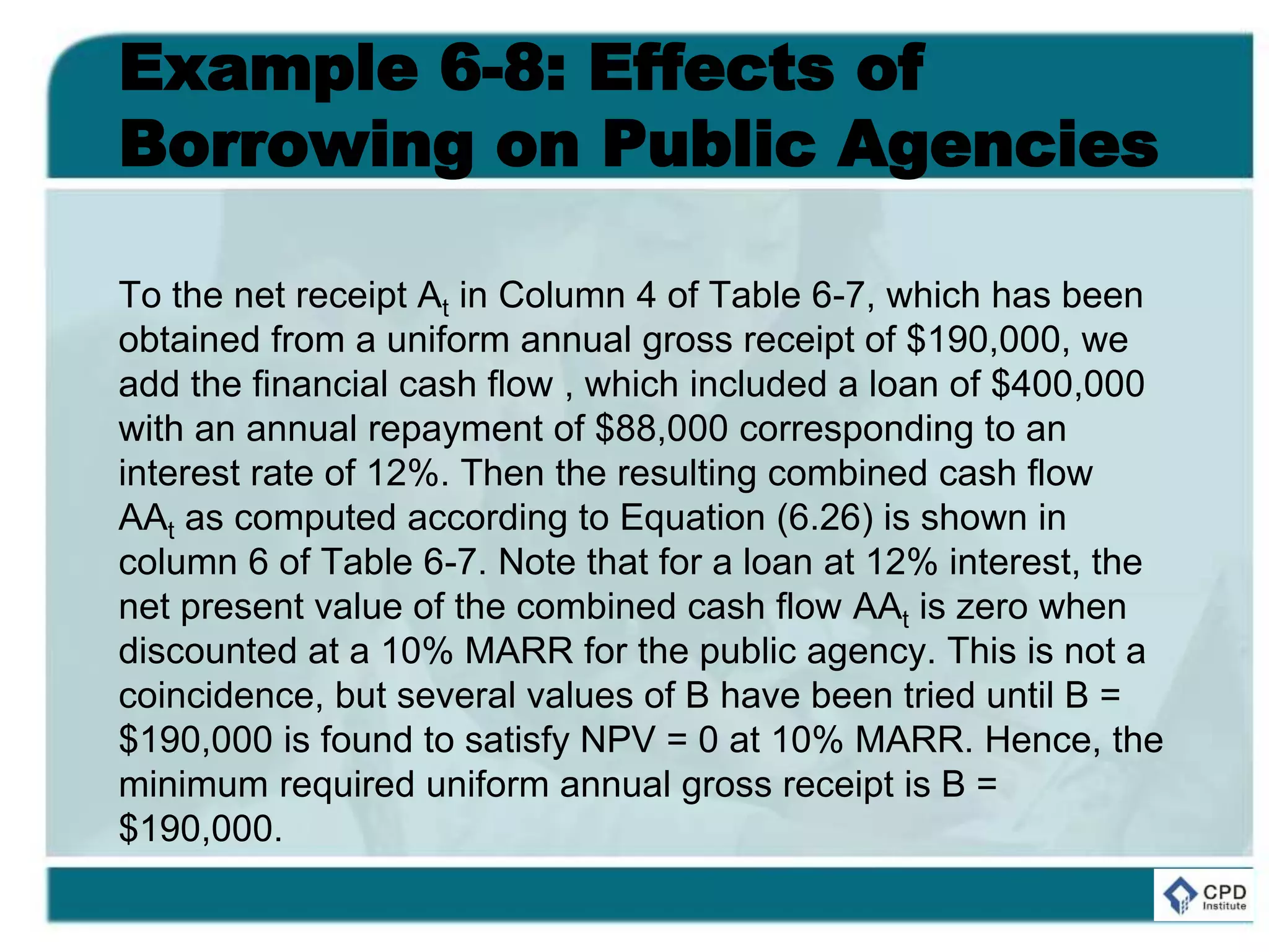 Example 6-8: Effects of
Borrowing on Public Agencies
To the net receipt At in Column 4 of Table 6-7, which has been
obtained from a uniform annual gross receipt of $190,000, we
add the financial cash flow , which included a loan of $400,000
with an annual repayment of $88,000 corresponding to an
interest rate of 12%. Then the resulting combined cash flow
AAt as computed according to Equation (6.26) is shown in
column 6 of Table 6-7. Note that for a loan at 12% interest, the
net present value of the combined cash flow AAt is zero when
discounted at a 10% MARR for the public agency. This is not a
coincidence, but several values of B have been tried until B =
$190,000 is found to satisfy NPV = 0 at 10% MARR. Hence, the
minimum required uniform annual gross receipt is B =
$190,000.
 