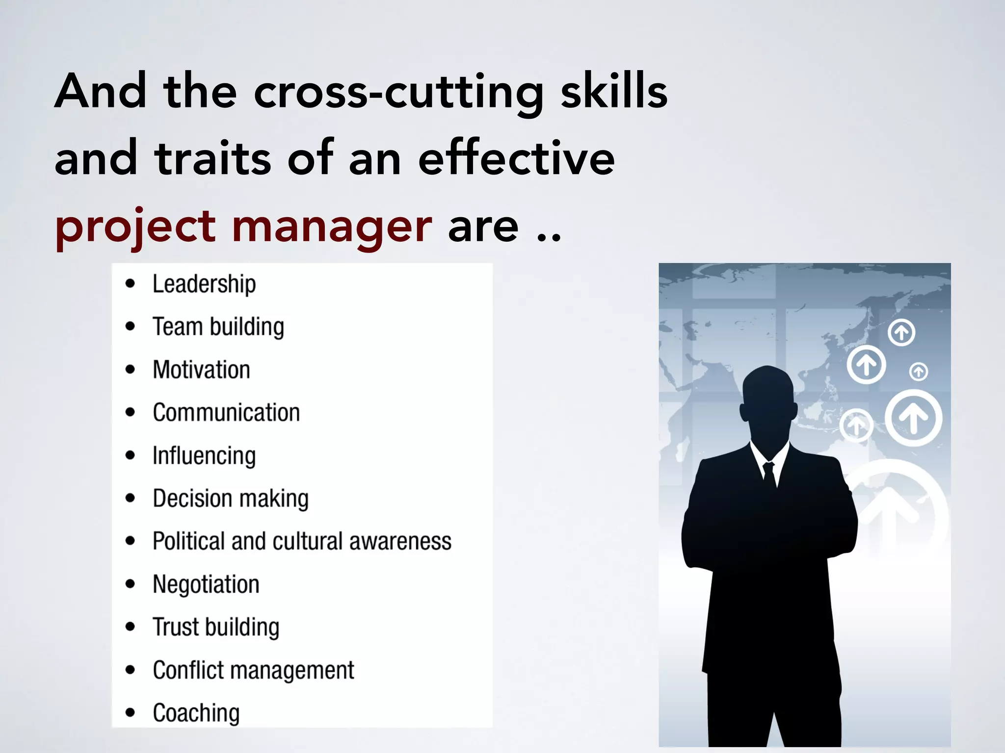 And the cross-cutting skills
and traits of an effective
project manager are ..
 