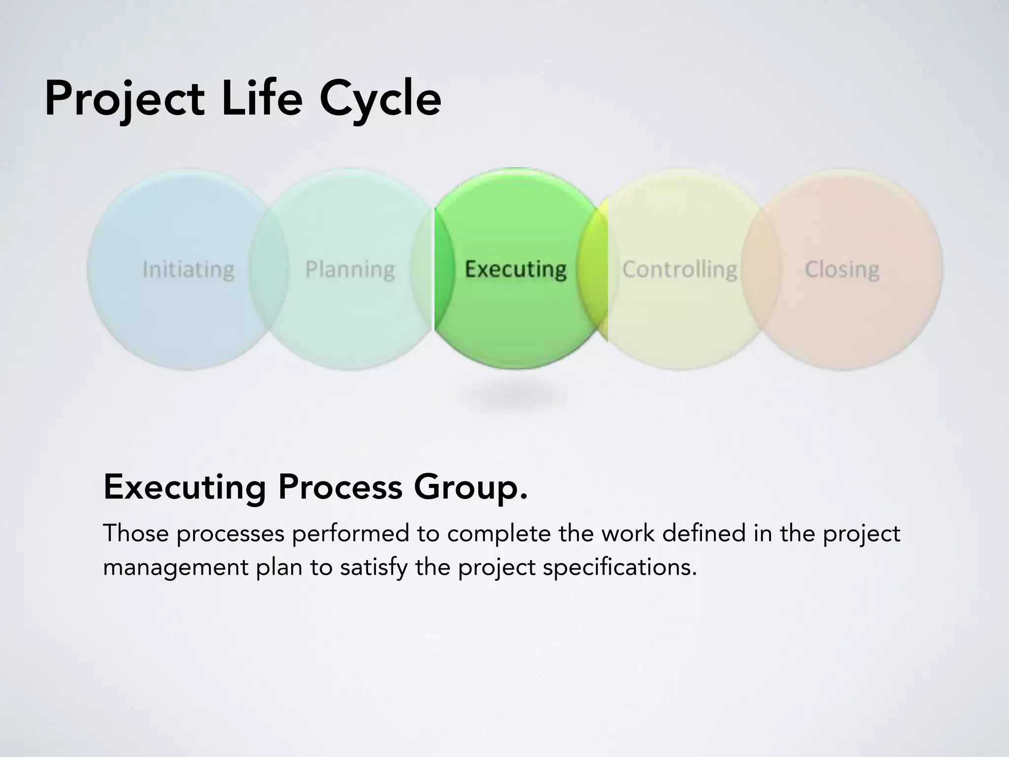 Project Life Cycle
Executing Process Group.
Those processes performed to complete the work deﬁned in the project
management plan to satisfy the project speciﬁcations.
 