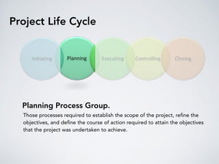 Project Life Cycle
Planning Process Group.
Those processes required to establish the scope of the project, reﬁne the
objectives, and deﬁne the course of action required to attain the objectives
that the project was undertaken to achieve.
 