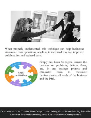 When properly implemented, this technique can help businesses
streamline their operations, resulting in increased revenue, improved
collaboration and reduced costs.
Simply put, Lean Six Sigma focuses the
business on problems, defects, flaws,
etc., in any business process and
eliminates them to maximize
performance at all levels of the business
and the P&L.
 