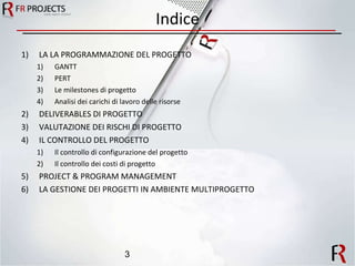Indice LA LA PROGRAMMAZIONE DEL PROGETTO GANTT PERT Le milestones di progetto Analisi dei carichi di lavoro delle risorse DELIVERABLES DI PROGETTO VALUTAZIONE DEI RISCHI DI PROGETTO IL CONTROLLO DEL PROGETTO Il controllo di configurazione del progetto Il controllo dei costi di progetto PROJECT & PROGRAM MANAGEMENT LA GESTIONE DEI PROGETTI IN AMBIENTE MULTIPROGETTO 