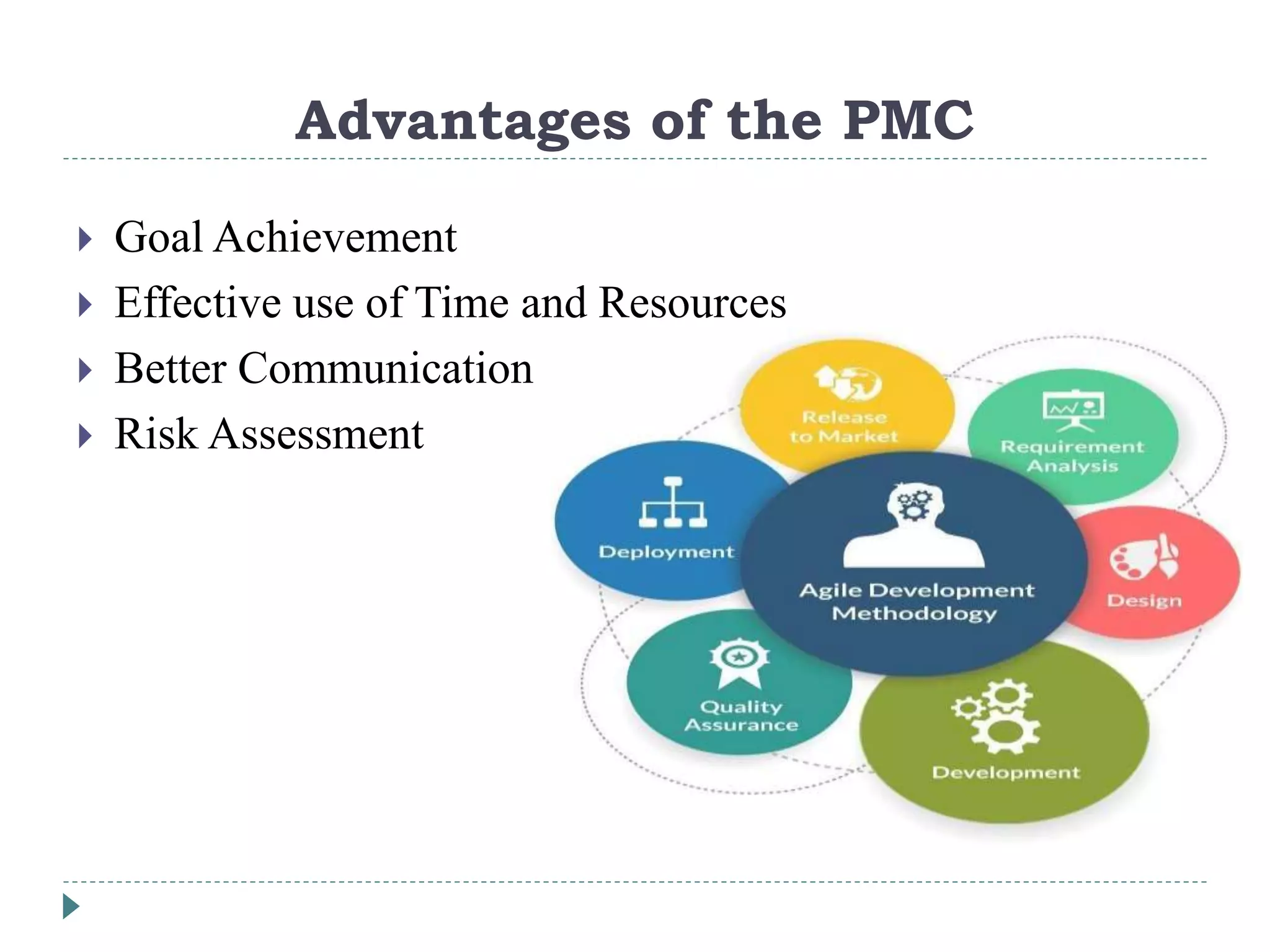 Advantages of the PMC
 Goal Achievement
 Effective use of Time and Resources
 Better Communication
 Risk Assessment
 