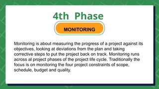4th Phase
MONITORING
Monitoring is about measuring the progress of a project against its
objectives, looking at deviations from the plan and taking
corrective steps to put the project back on track. Monitoring runs
across al project phases of the project life cycle. Traditionally the
focus is on monitoring the four project constraints of scope,
schedule, budget and quality.
 