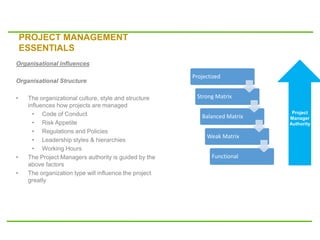 PROJECT MANAGEMENT
ESSENTIALS
Organisational influences
Organisational Structure
• The organizational culture, style and structure
influences how projects are managed
• Code of Conduct
• Risk Appetite
• Regulations and Policies
• Leadership styles & hierarchies
• Working Hours
• The Project Managers authority is guided by the
above factors
• The organization type will influence the project
greatly
Projectized
Strong Matrix
Balanced Matrix
Weak Matrix
Functional
Project
Manager
Authority
 