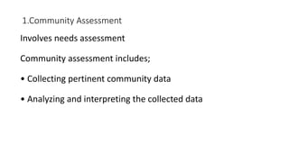 1.Community Assessment
Involves needs assessment
Community assessment includes;
• Collecting pertinent community data
• Analyzing and interpreting the collected data
 